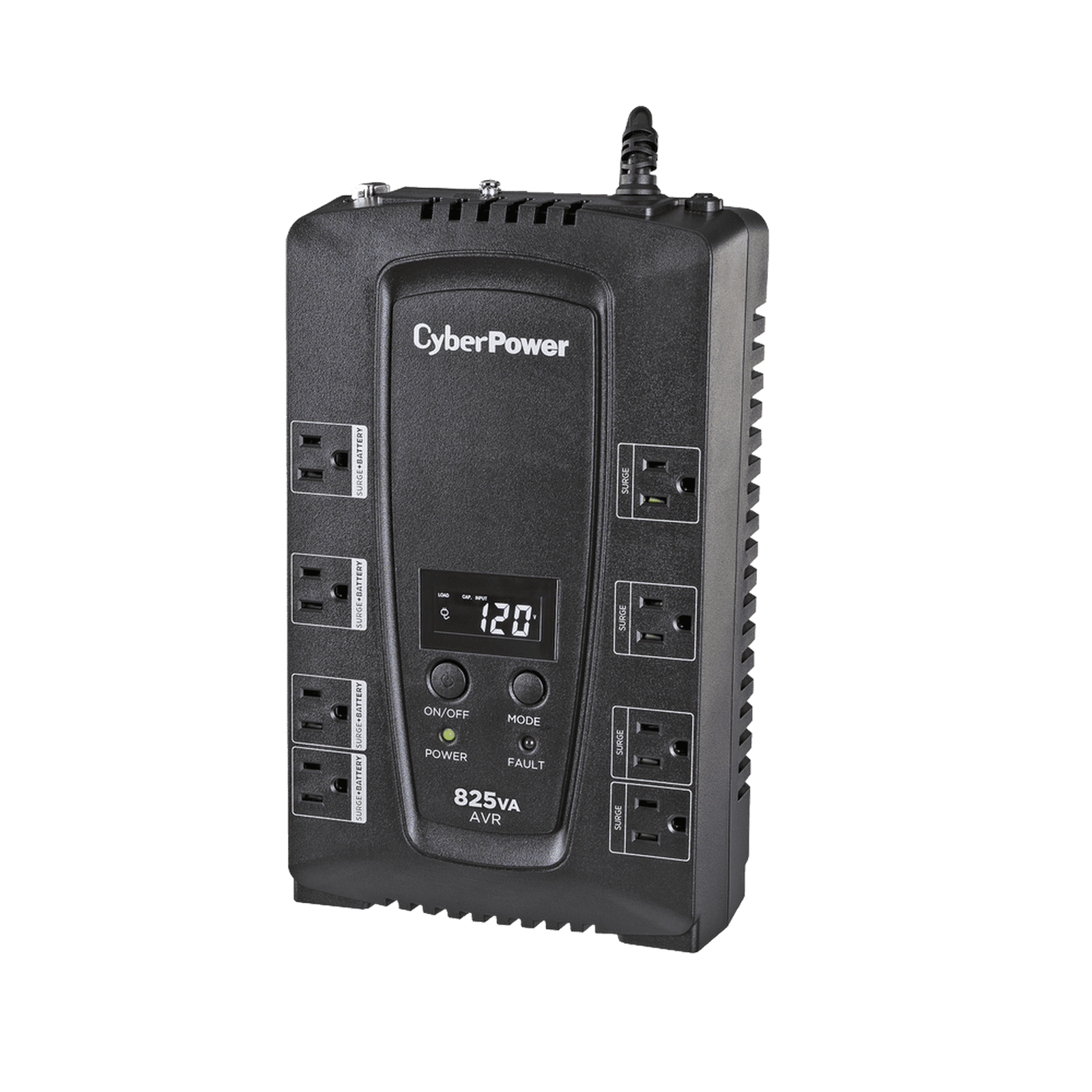 UPS de 825 VA/450 W, Topología Línea Interactiva, Entrada 120 Vca NEMA 5-15P, Tipo Gabinete Compacto, Con 8 Tomas NEMA 5-15R CP825AVRLCDA - CyberPower