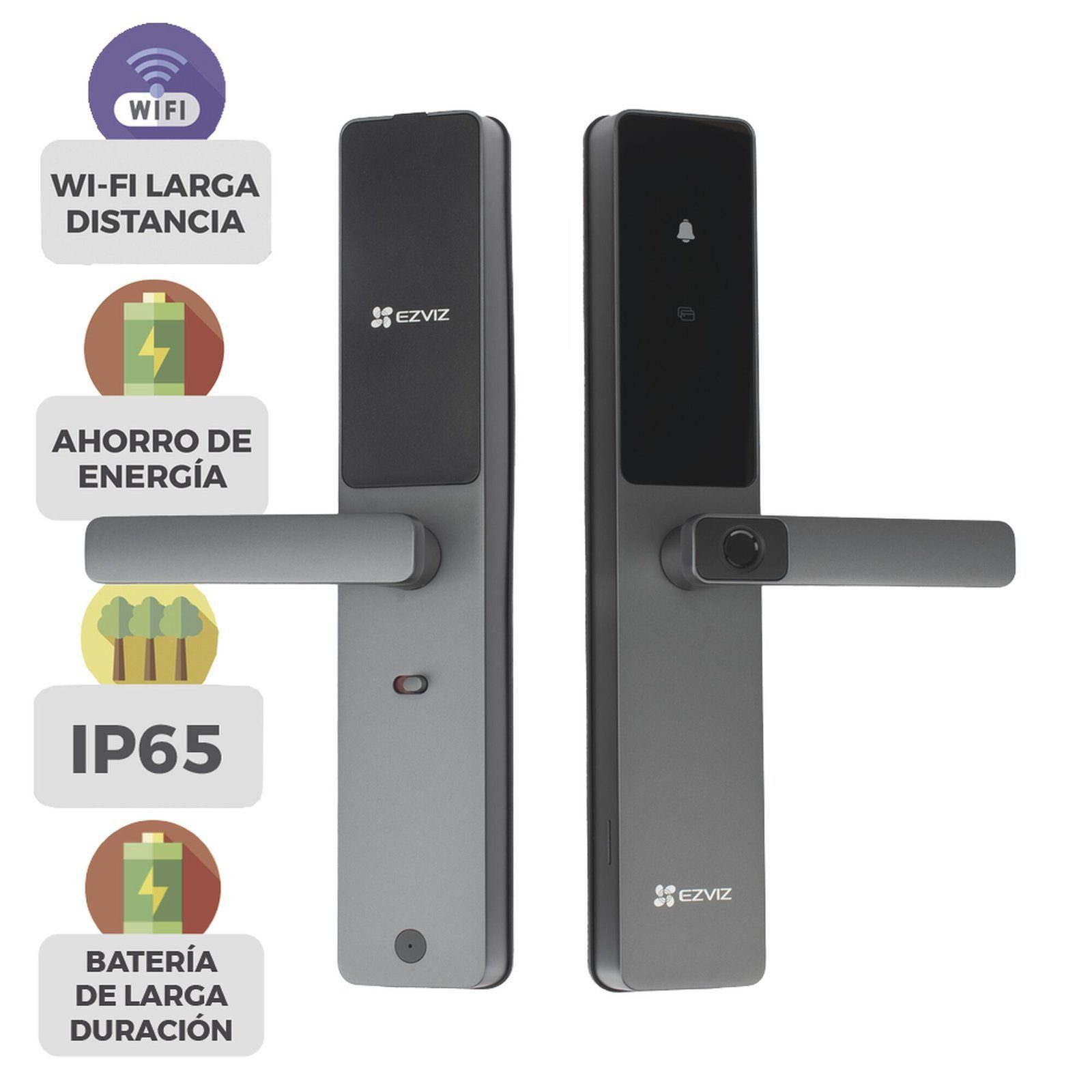 Cerradura Inteligente / Cerrojo Tipo Americano / Wi-Fi / Bluetooth  /  Códigos Temporales Para Visitantes / Lectura de Huella / Lectura de Tag / Contraseña /  Botón para Timbrar / Apertura remota /  No Requiere Hub CS-DL05-R100 - EZVIZ