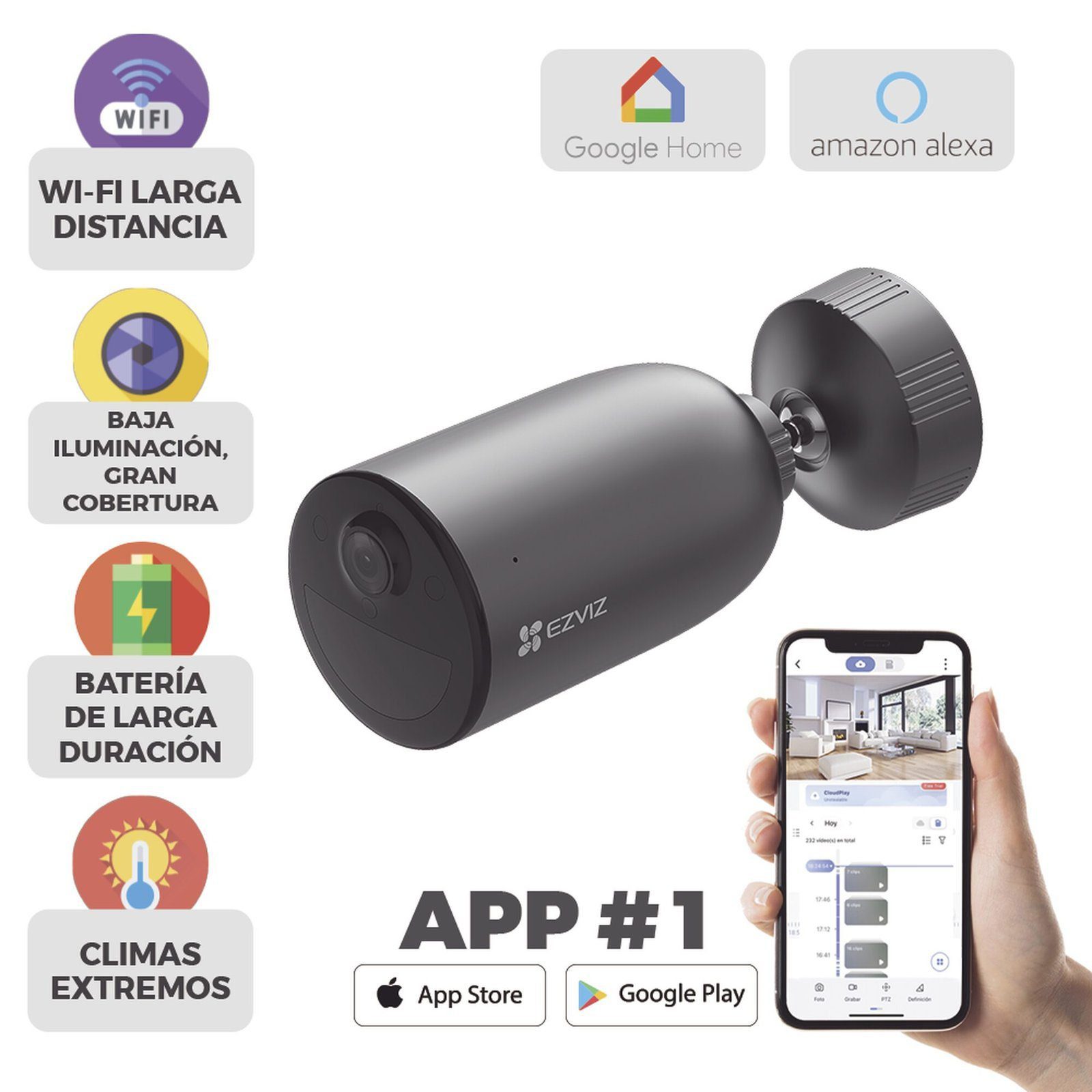 Cámara IP Inalámbrica Con Batería Recargable (Cero Cables) / 2K (3 Megapixel) / Micro SD / Detección Humana / Colores en Oscuridad / Sirena y Estrobo / 15 Mts IR / 15 Mts Luz Blanca / Exterior CS-EB3 - EZVIZ