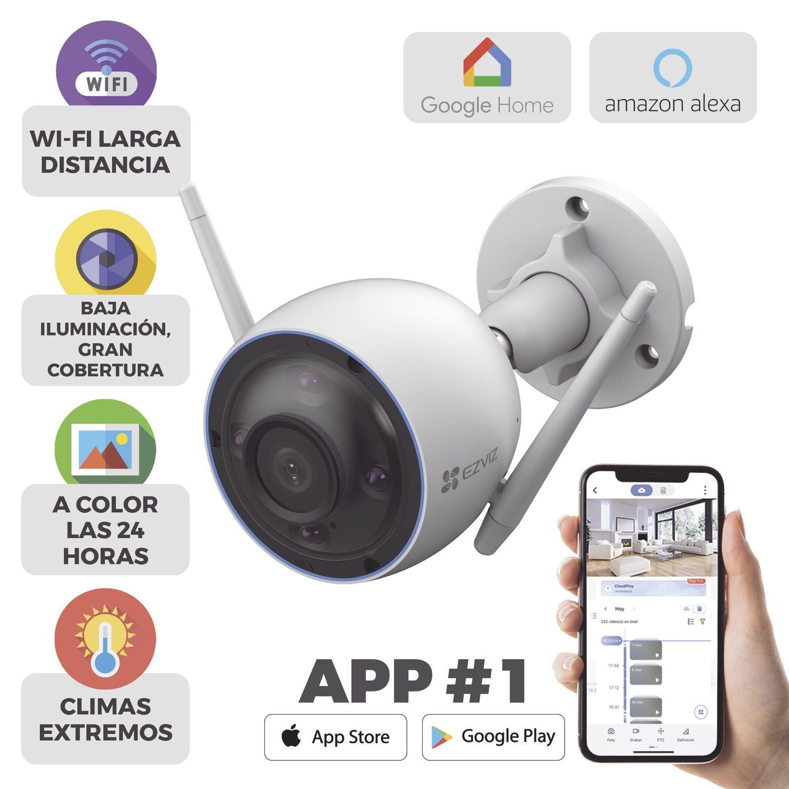 Bala WiFi / 5MP (3K) / Detección humana / Detección de Vehiculo / Sirena / Luz Parpadeante / Colores en Oscuridad / Micro SD / Uso en Exterior CS-H3-3K - EZVIZ
