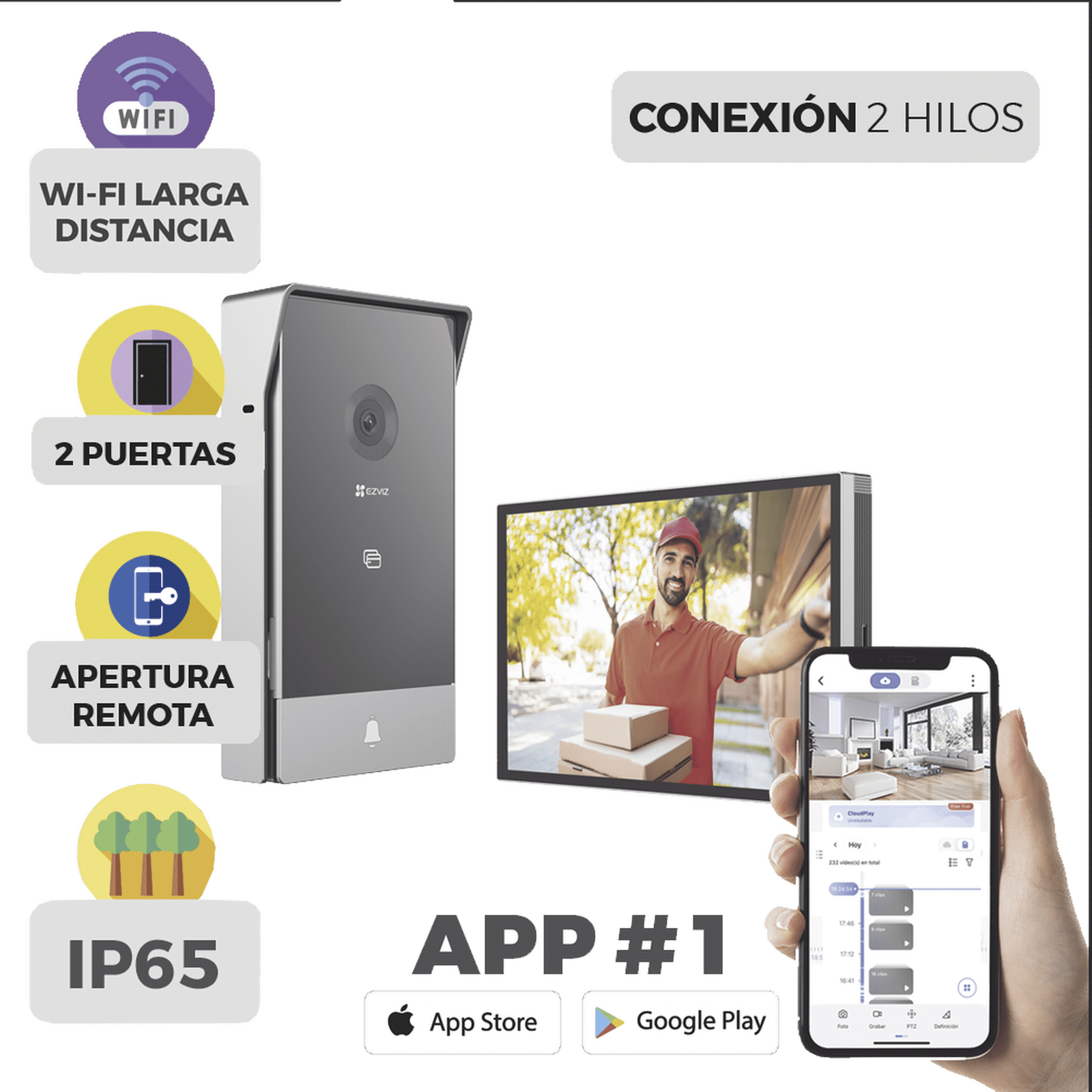 Videoportero IP Conexión a 2 Hilos / Con Monitor Wi-Fi para Interior / Frente de Calle IP65 Uso En Exterior Debe Tener Protección / Cámara 3 Megapíxel / Llamada a la App / Apertura remota / Soporta 2 Puertas / Ranura para Mic CS-HP7 - EZVIZ