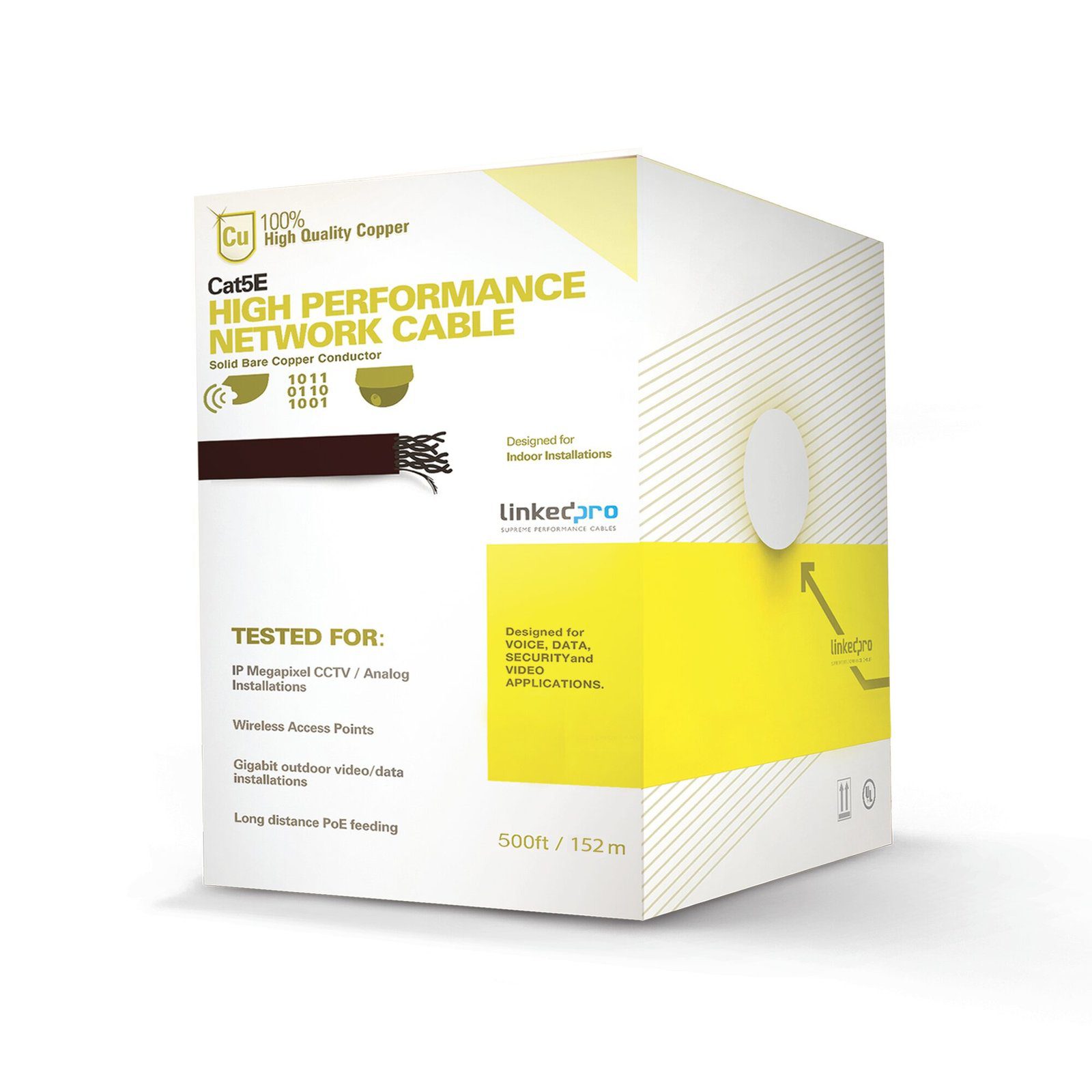 Cable Cat5e de alto rendimiento certificaciones ETL, UL,  de 500 ft ( 152.5 m ) de color Blanco, para aplicaciones en video vigilancia, redes de datos. Uso Interior. PRO-CAT-5E-W/500 - LINKEDPRO BY EPCOM