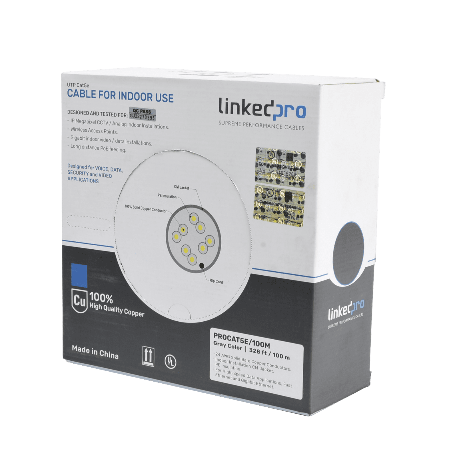 Cable Cat5e de alto rendimiento, con certificaciones ETL, UL, color gris, de 100 m ( 328 ft ) para aplicaciones en CCTV, redes de datos. Uso interior. PRO-CAT-5E/100M - LINKEDPRO BY EPCOM
