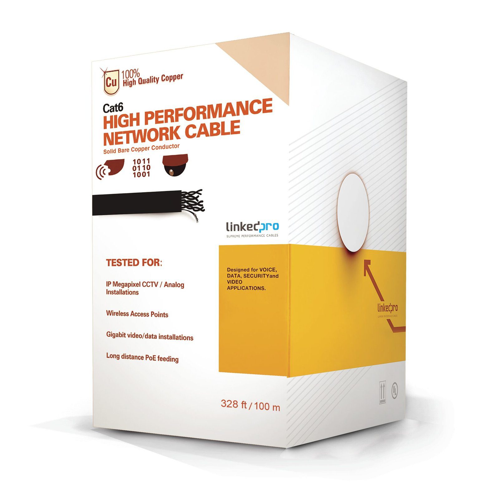 Cable Cat6+ CALIBRE 23 ALTO RENDIMIENTO, ETL,UL, color azul, de 100 metros, super flexible, para aplicaciones de CCTV, video HD, y redes de datos. PRO-CAT-6-PLUS/100M - LINKEDPRO BY EPCOM