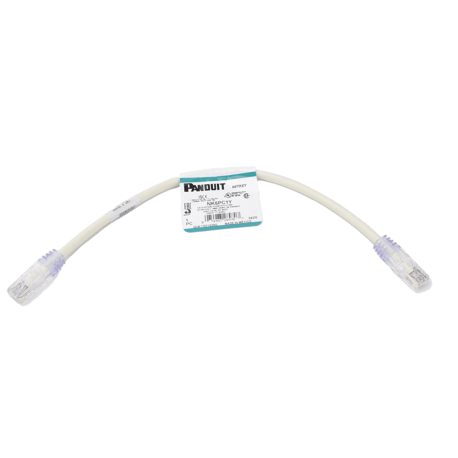 Cable de parcheo UTP Categoría 6, con plug modular en cada extremo – 1 ft (30.48 cm) – Blanco NK6PC1Y - PANDUIT