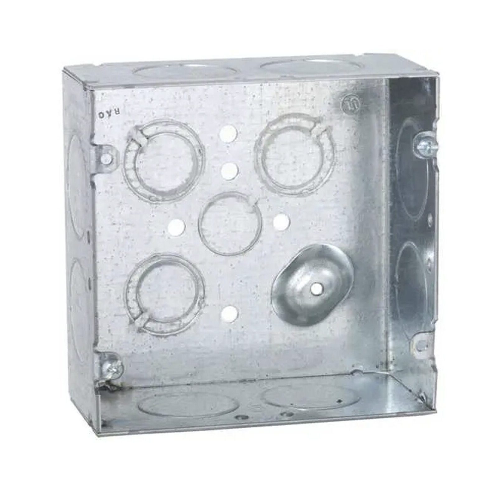 Caja Cuadrada 4 11/16 x 4 11/16″/ Profundidad 2- 1/8″/ Cuenta con 1 Entrada de 1/2″, 8 de 1″ y  3 TKO  (1/2″-3/4″). HUB-258 - RACO