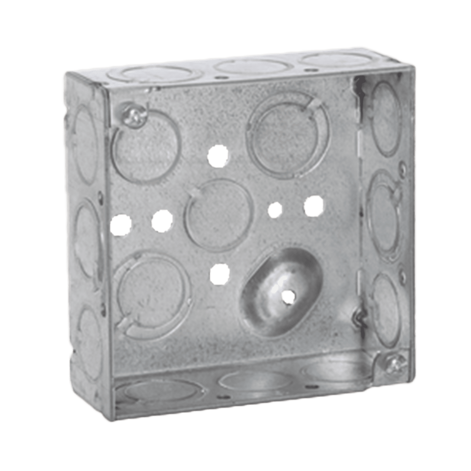 Caja Cuadrada 4 x 4″/Profundidad 1- 1/2″/ 10 Entradas de 1/2″ y 6 TKO (1/2″-3/4″). HUB189 - RACO
