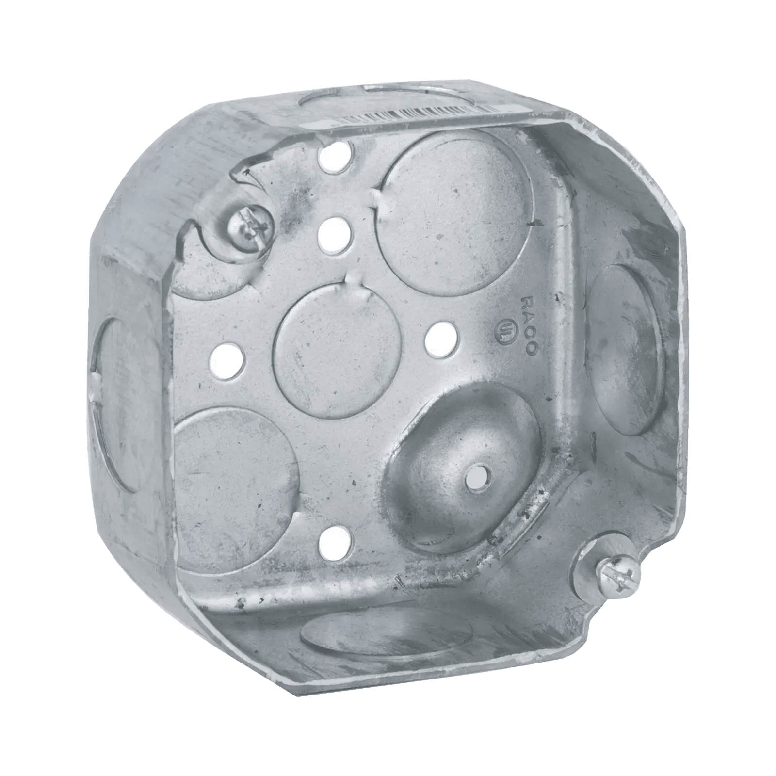 Caja Octagonal de 4″ / Profundidad 1 1/2″ / 6 Entradas de 3/4″, 2 Entradas de 1/2″ / Troquelada. HUB-126 - RACO