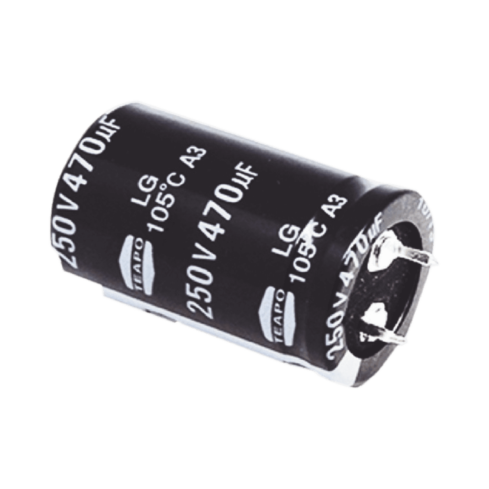 Capacitor Electrolítico de Aluminio, Radial de 470 µFd, 250 Vcc, 105 °C, 25 x 40 mm. CE470/250V - SYSCOM