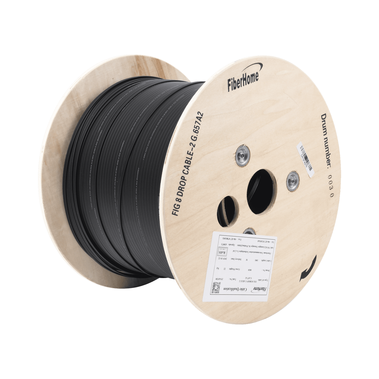 Carrete de 1 km de Fibra Óptica Aérea Mini Figura 8 G.657A2 tipo Drop, Monomodo de 2 Hilos (bifibra), Diseñada para Fusionarse, Color Negro, Span 80, (No Soporta Conectores Mecánicos) IC-FIG8A2-2C - LINKEDPRO BY FIBERHOME