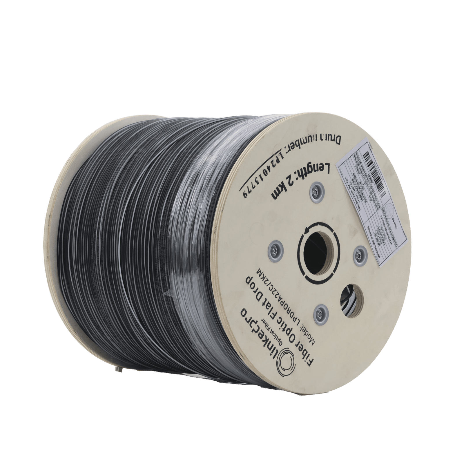 Carrete de 2 km de Fibra Óptica Drop Plana, Interior/Exterior G.657A2 Monomodo de 2 hilos (bifibra), Dieléctrica, Forro Negro,  (No Soporta Conectores Mecánicos) LPDROPA22C/2KM - LINKEDPRO BY EPCOM