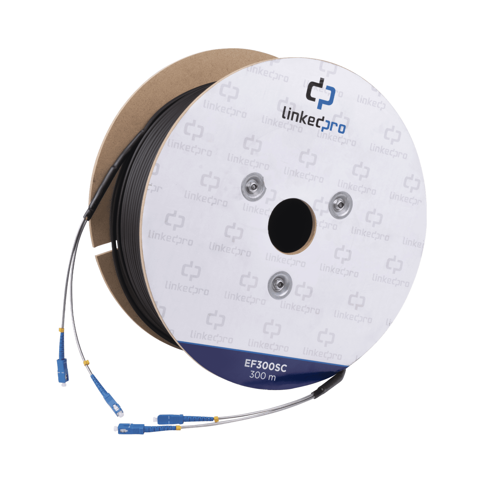 Carrete de Fibra Óptica Monomodo con Conectores SC-SC Duplex, Reforzada con Kevlar, de 300 metros, Para instalaciones subterráneas por tubería EF-300-SC - LINKEDPRO BY EPCOM