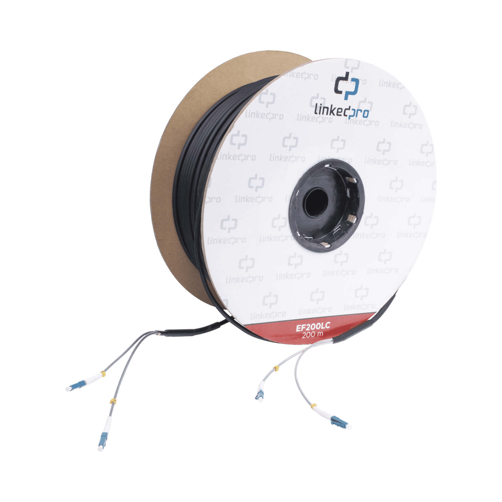 Carrete de Fibra Óptica Monomodo con conectores LC-LC Duplex, Reforzada con Kevlar, de 200 metros, Para instalaciones subterráneas por tubería EF-200-LC - LINKEDPRO BY EPCOM