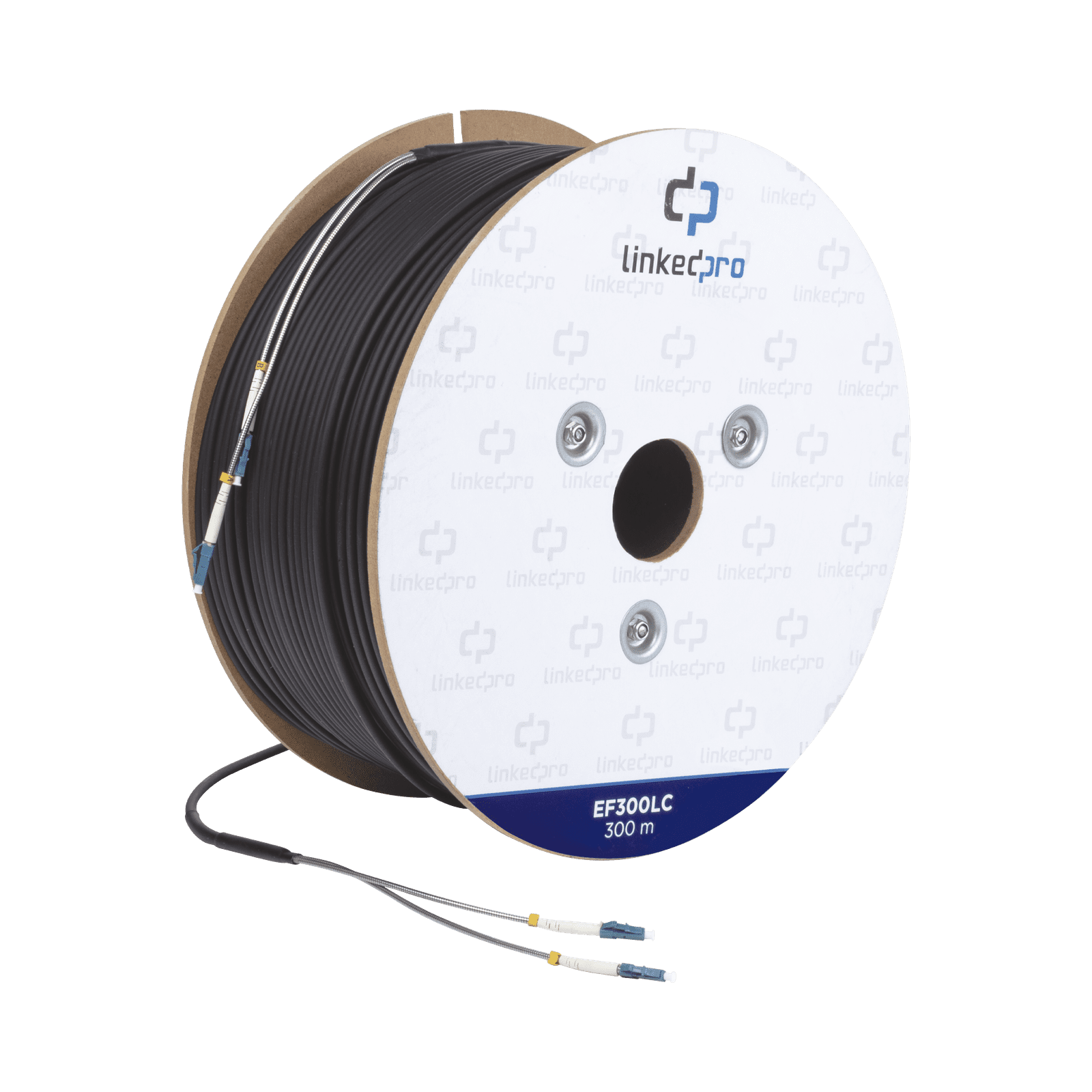 Carrete de Fibra Óptica Monomodo con conectores LC-LC Duplex, Reforzada con Kevlar, de 300 metros, Para instalaciones subterráneas por tubería EF-300-LC - LINKEDPRO BY EPCOM
