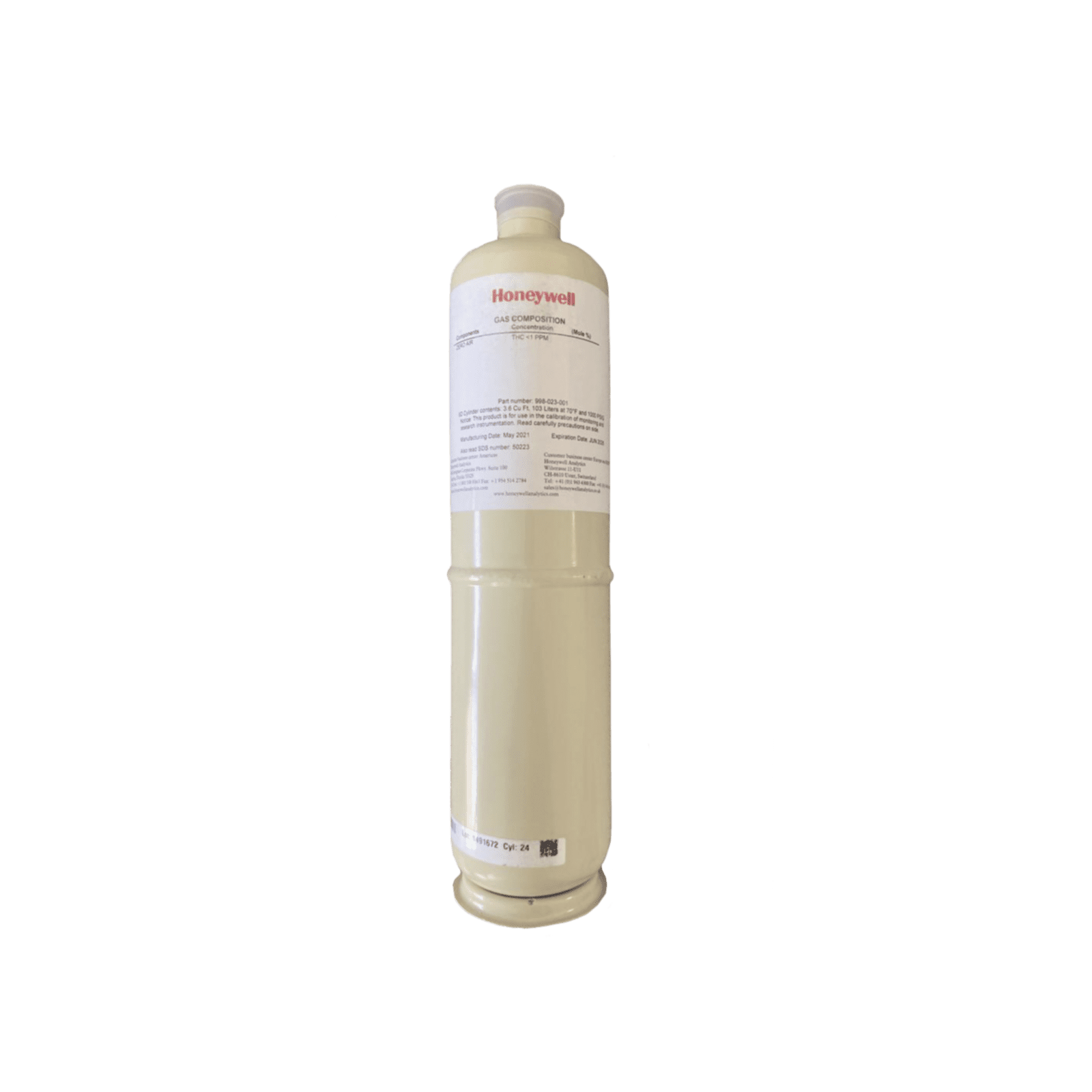 Cilindro Para Calibración De Propano/Air (C3H8), Balance Aire, Concentración 50% LEL, Capacidad 103 L, Dimensiones 5/8″ x 18″, Para Serie XNX/XCD/S3K Gases Combustibles 998-022-002 - HONEYWELL ANALYTICS