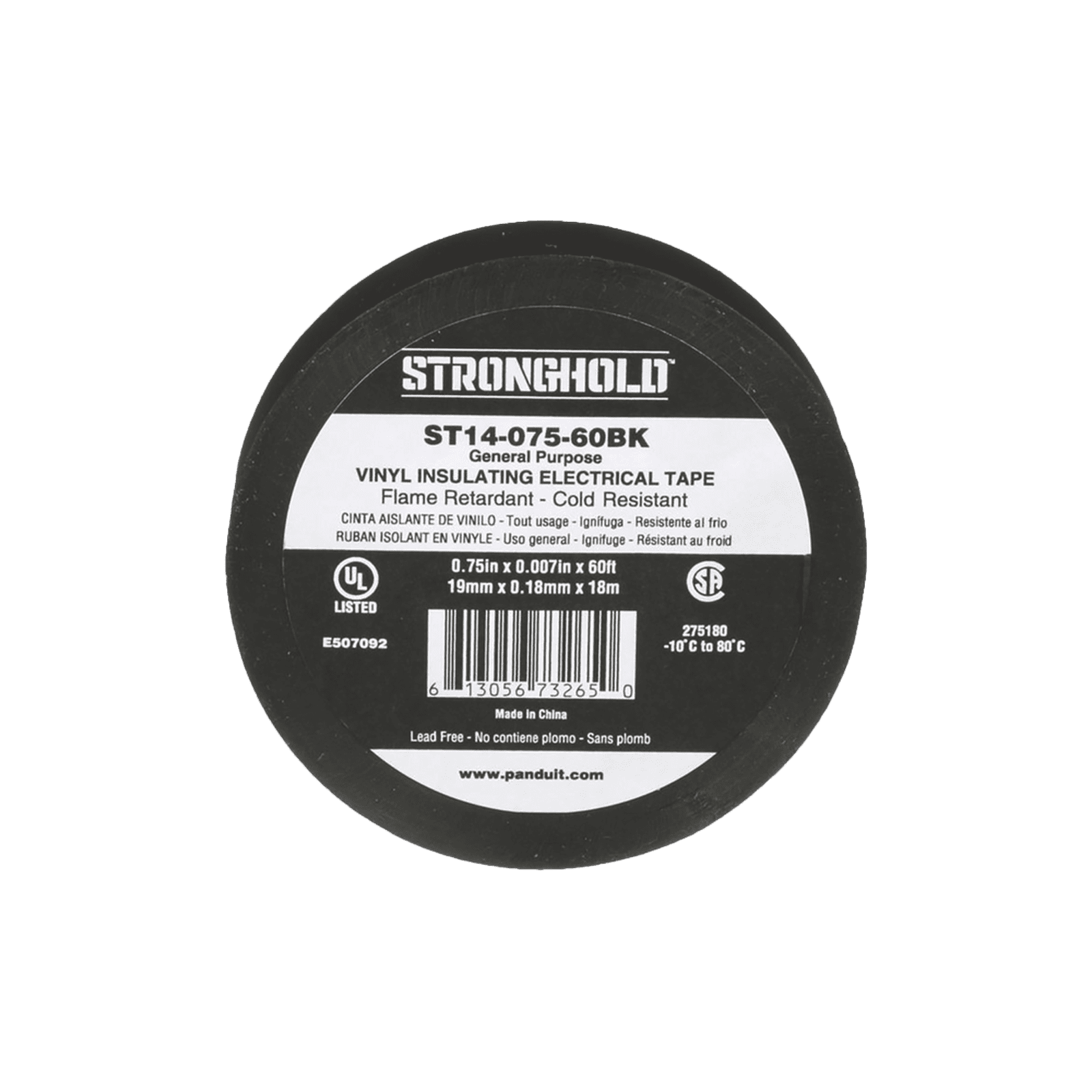 Cinta Eléctrica STRONGHOLD para Aislar, de PVC, Uso General Reparación y Mantenimiento, Grosor de 0.18mm (7 mil), Ancho de 19mm, y 18m de Largo, Color Negro ST14-075-60BK - PANDUIT