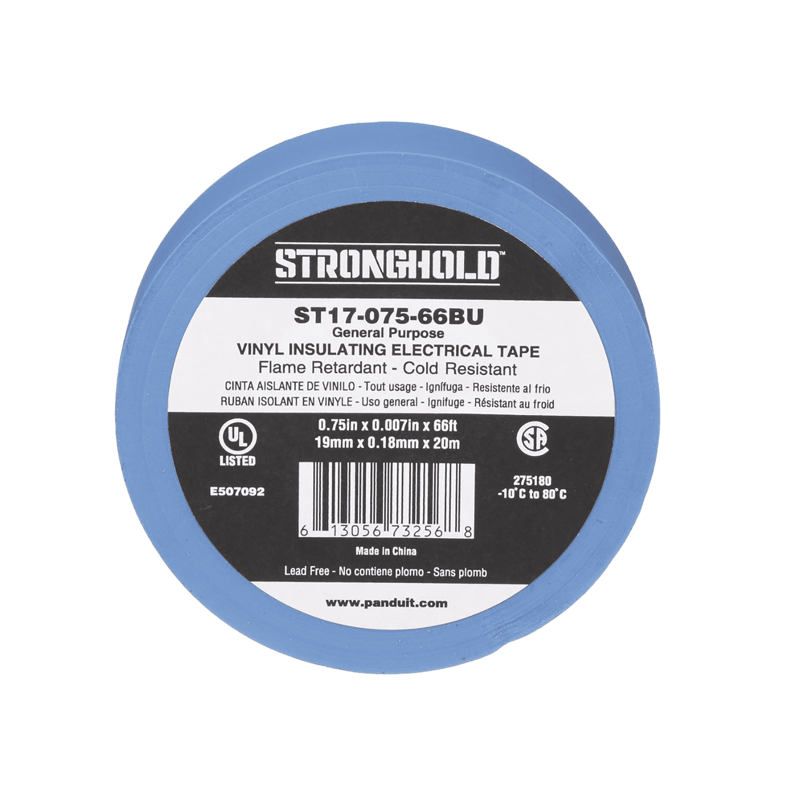 Cinta Eléctrica STRONGHOLD para Aislar, de PVC, Uso General Reparación y Mantenimiento, Grosor de 0.18mm (7 mil), Ancho de 19mm, y 20.12m de Largo, Color Azul ST17-075-66BU - PANDUIT