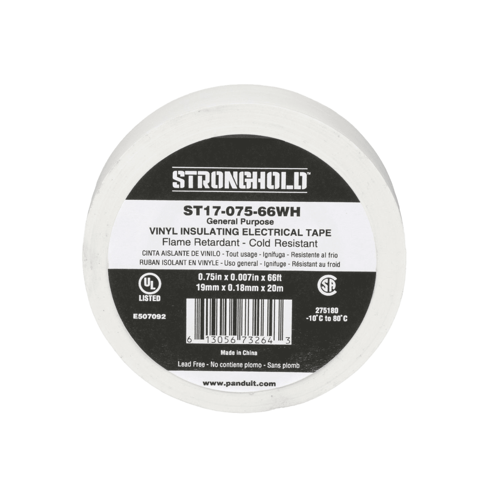 Cinta Eléctrica STRONGHOLD para Aislar, de PVC, Uso General Reparación y Mantenimiento, Grosor de 0.18mm (7 mil), Ancho de 19mm, y 20.12m de Largo, Color Blanco ST17-075-66WH - PANDUIT