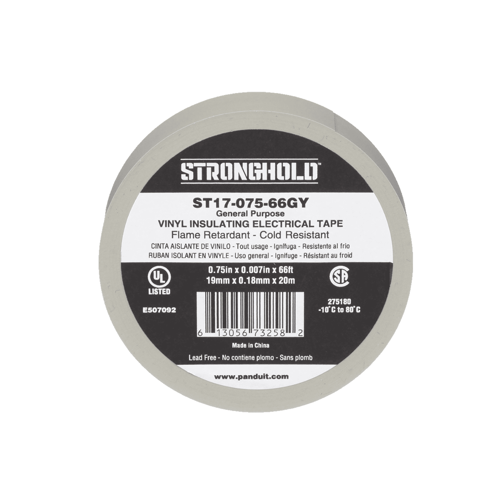 Cinta Eléctrica STRONGHOLD para Aislar, de PVC, Uso General Reparación y Mantenimiento, Grosor de 0.18mm (7 mil), Ancho de 19mm, y 20.12m de Largo, Color Gris ST17-075-66GY - PANDUIT
