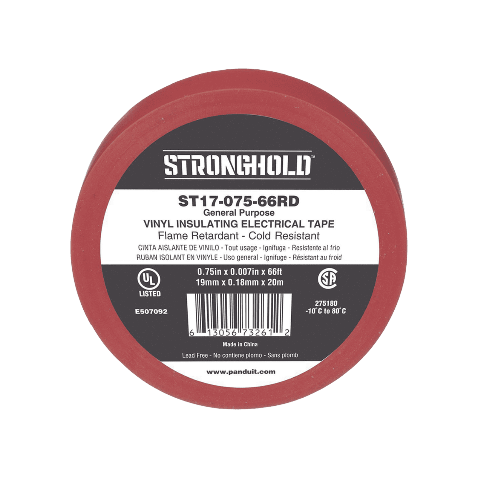 Cinta Eléctrica STRONGHOLD para Aislar, de PVC, Uso General Reparación y Mantenimiento, Grosor de 0.18mm (7 mil), Ancho de 19mm, y 20.12m de Largo, Color Rojo ST17-075-66RD - PANDUIT