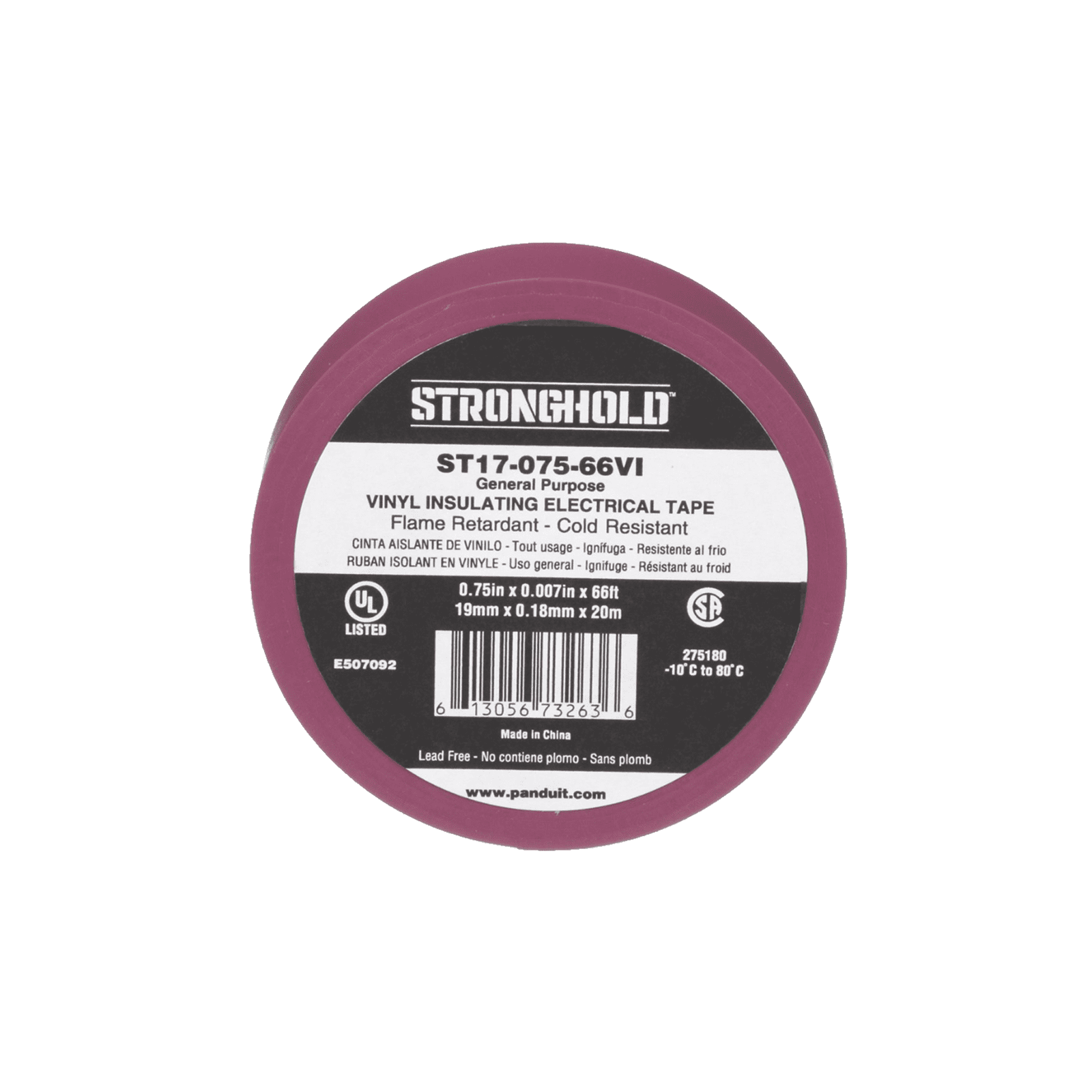 Cinta Eléctrica STRONGHOLD para Aislar, de PVC, Uso General Reparación y Mantenimiento, Grosor de 0.18mm (7 mil), Ancho de 19mm, y 20.12m de Largo, Color Violeta ST17-075-66VI - PANDUIT