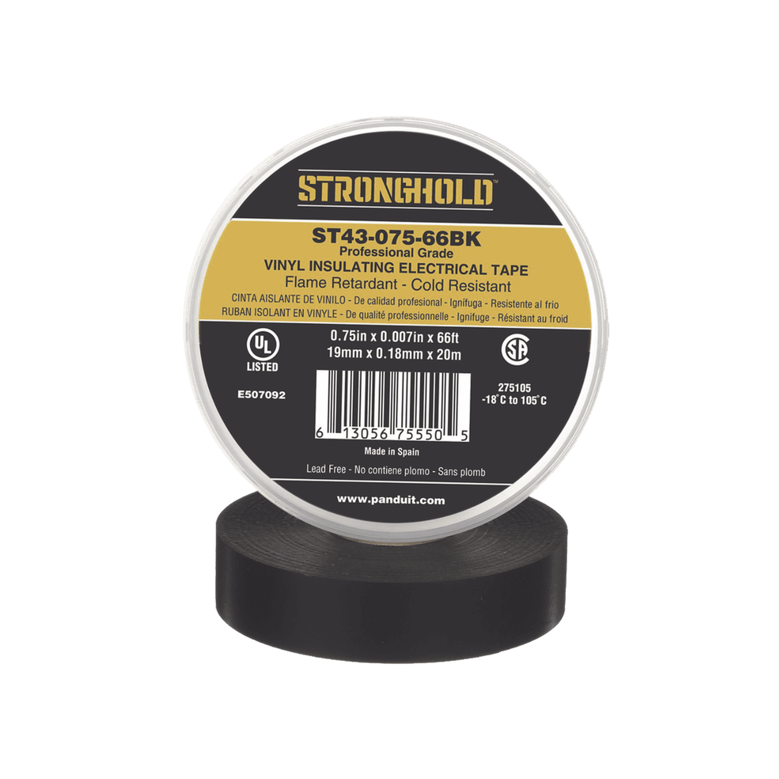 Cinta Eléctrica STRONGHOLD para Aislar, de PVC, Uso Profesional en Construcción Eléctrica, Grosor 0.18mm (7 mil), Ancho 19mm, y 20m Largo, Color Negro. Superior a cintas Super 33 ST43-075-66BK - PANDUIT