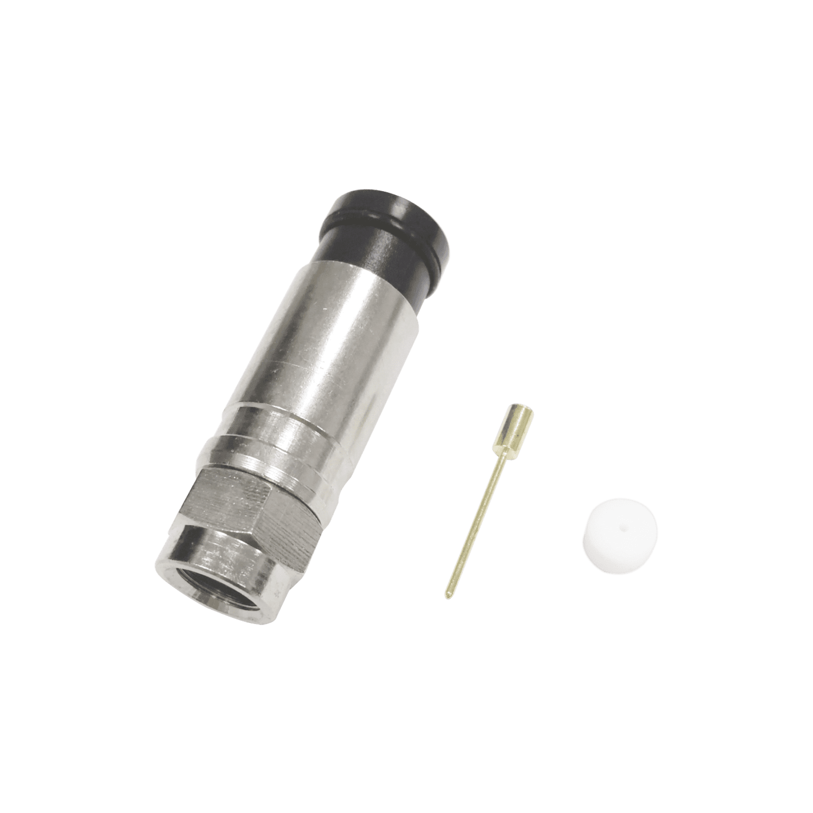 Conector F Macho de Compresión Axial con Borne Negro para instalar en Cable Coaxial RG-11, 75 Ohm, Bronce-Niquelado. TT11-F02 - EPCOM TITANIUM