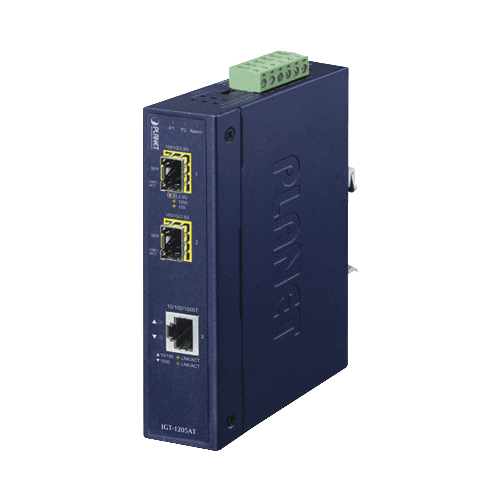 Convertidor de Medios Industrial de 1 Puerto Ethernet 10/100/1000 Base-T a 2 Puertos SFP 100/1000/2500 Base-X IGT-1205AT - PLANET