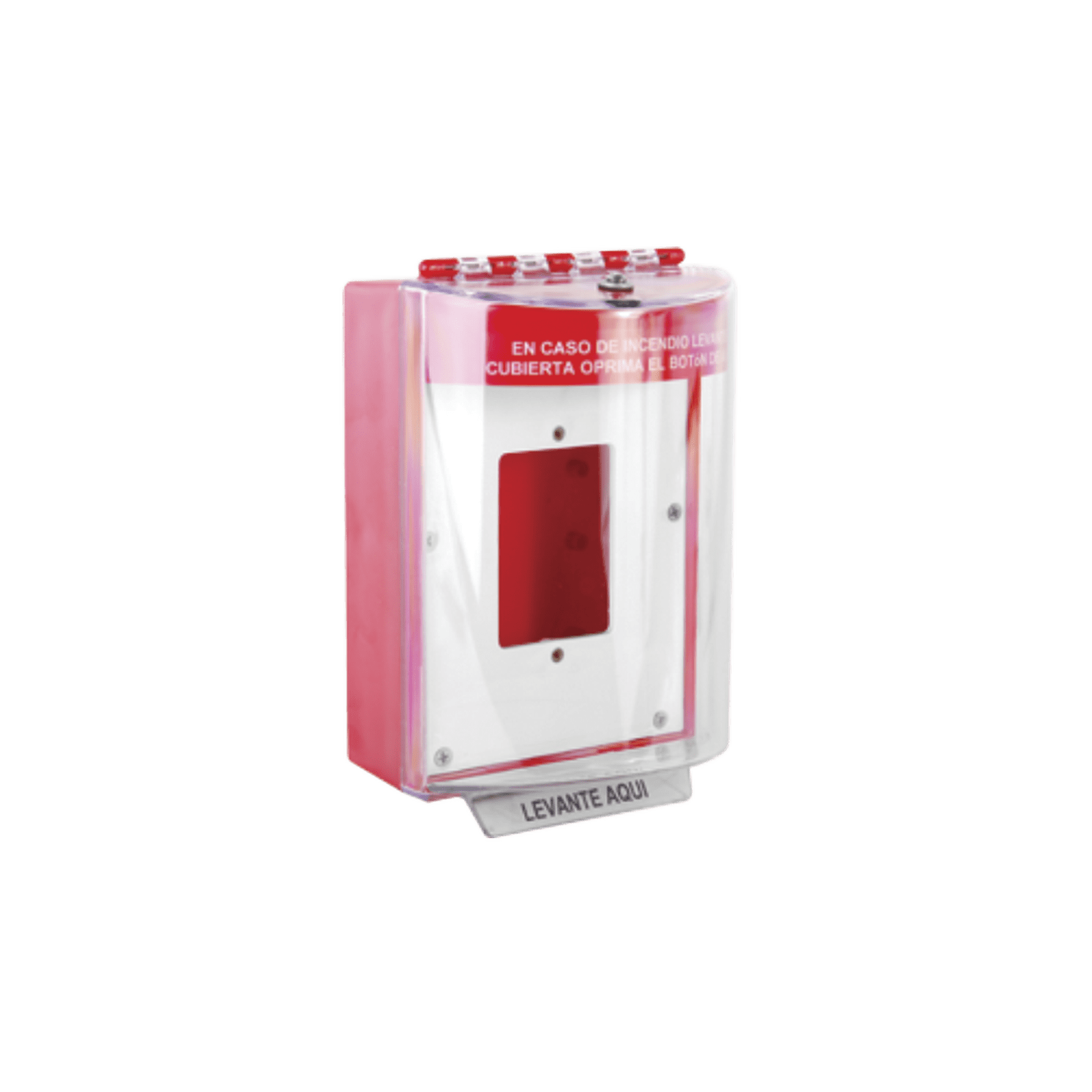 Cubierta Universal De Policarbonato Con Espaciador y Placa De Montaje Interna, Texto De Incendio En Español, Interior/Exterior, Serie Universal Stopper® STI-13510FR-ES - STI