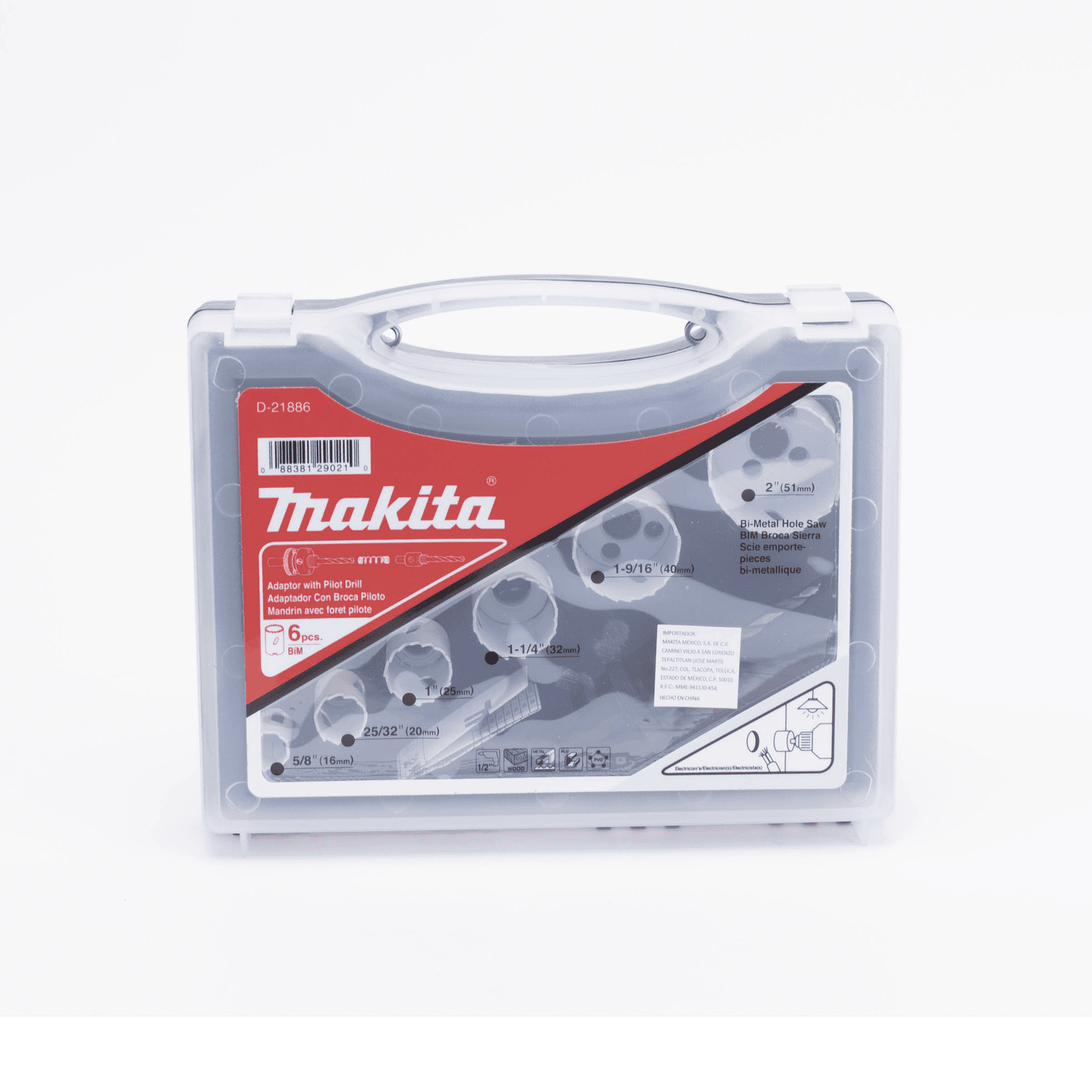 Kit de broca sierras (3/4 – 2 1/4 in) incluye 6 piezas de broca sierras, 2 adaptadores y resorte de expulsión. D-21870 - MAKITA