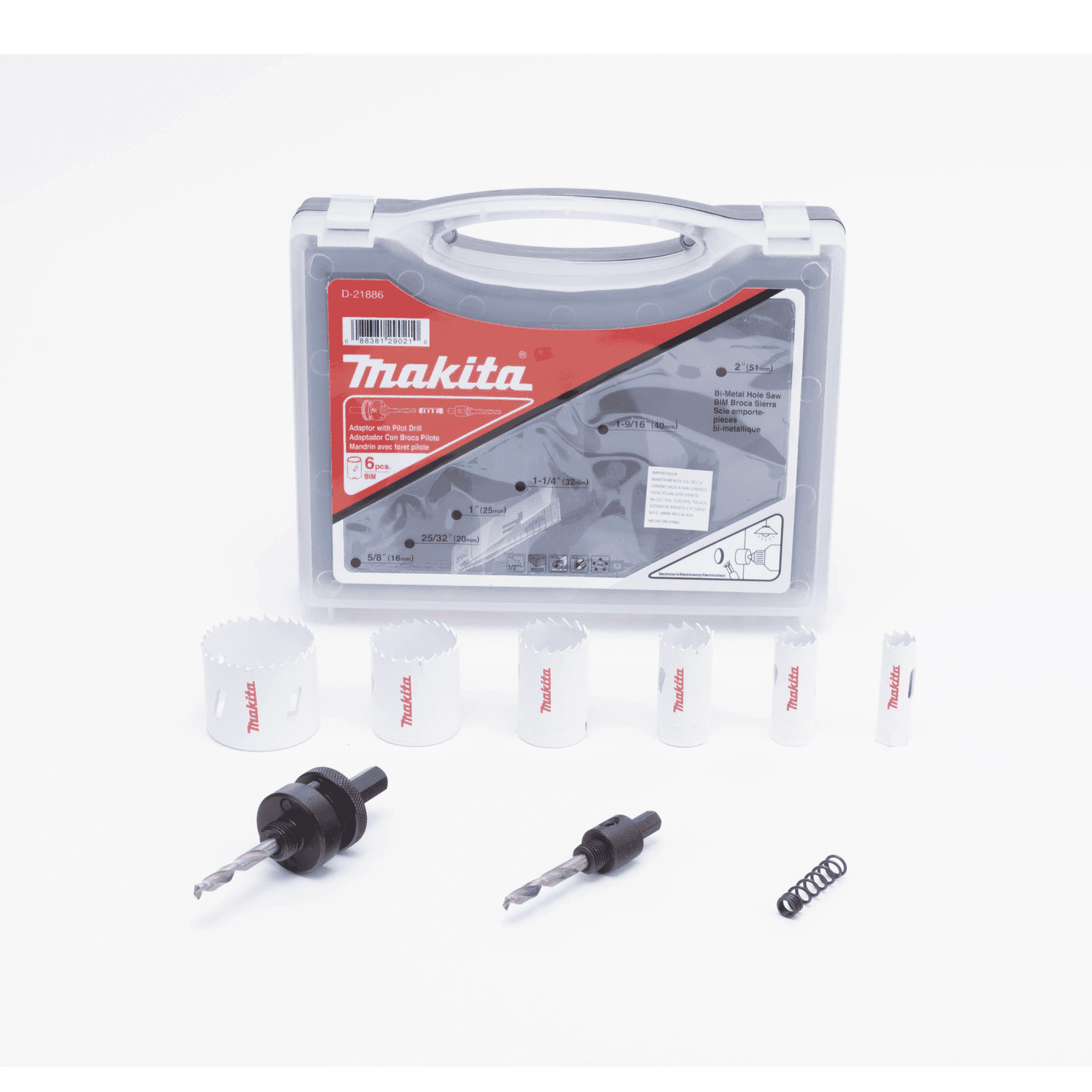 Kit de broca sierras (3/4 – 2 1/4 in) incluye 6 piezas de broca sierras, 2 adaptadores y resorte de expulsión. D-21870 - MAKITA