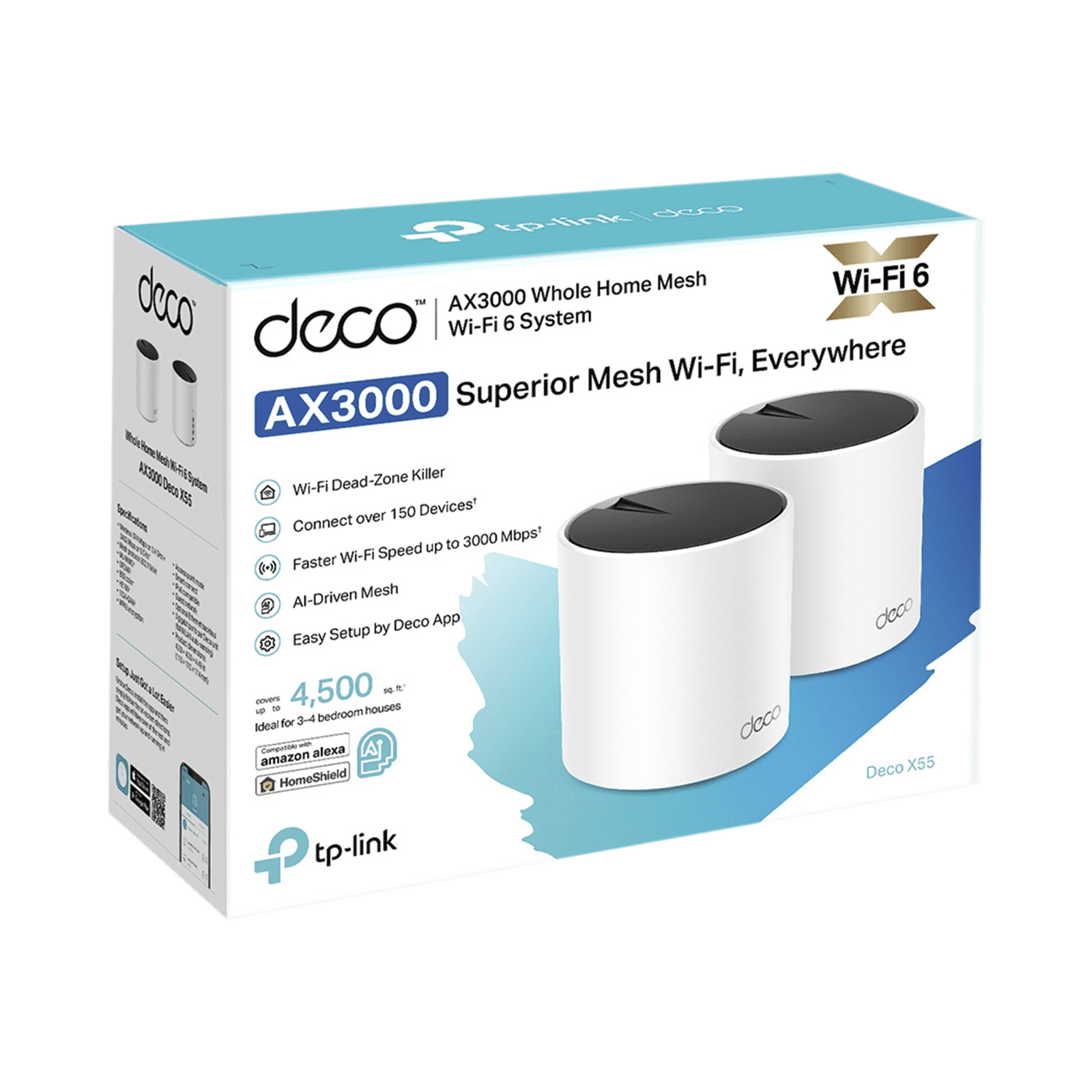 Kit 2 Routers Inalámbricos MESH Interior para Hogar / Doble Banda Wi-Fi 6 AX3000 Mbps / 3 Puerto Gigabit WAN/LAN / 2 Antenas Internas / Administración Mediante la App Deco (iOS, Android) / Protección HomeShield DECOX55-2PACK - TP-LINK