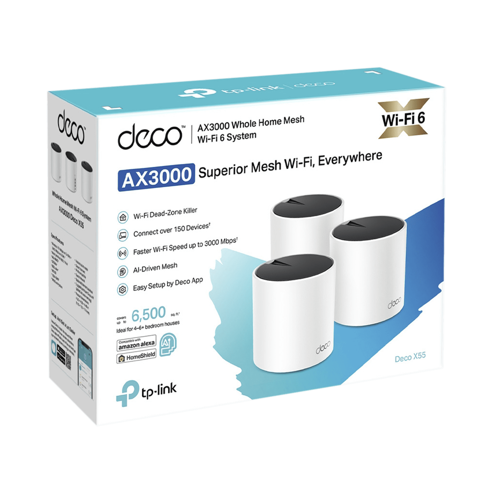 Kit 3 Routers Inalámbricos MESH Interior para Hogar / Doble Banda Wi-Fi 6 AX3000 Mbps / 3 Puerto Gigabit WAN/LAN / 2 Antenas Internas / Administración Mediante la App Deco (iOS, Android) / Protección HomeShield DECOX55-3PACK - TP-LINK