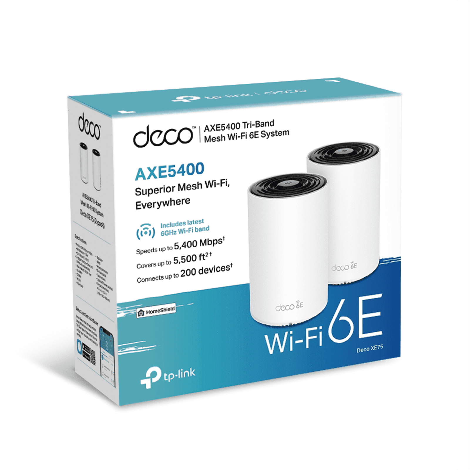 Kit 2 Routers Inalámbricos MESH Interior para Hogar / Doble Banda Wi-Fi 6E AX5400 Mbps / 3 Puerto Gigabit WAN/LAN / 4 Antenas Internas / Administración Mediante la App Deco (iOS, Android) / Protección HomeShield DECOXE75-2PACK - TP-LINK
