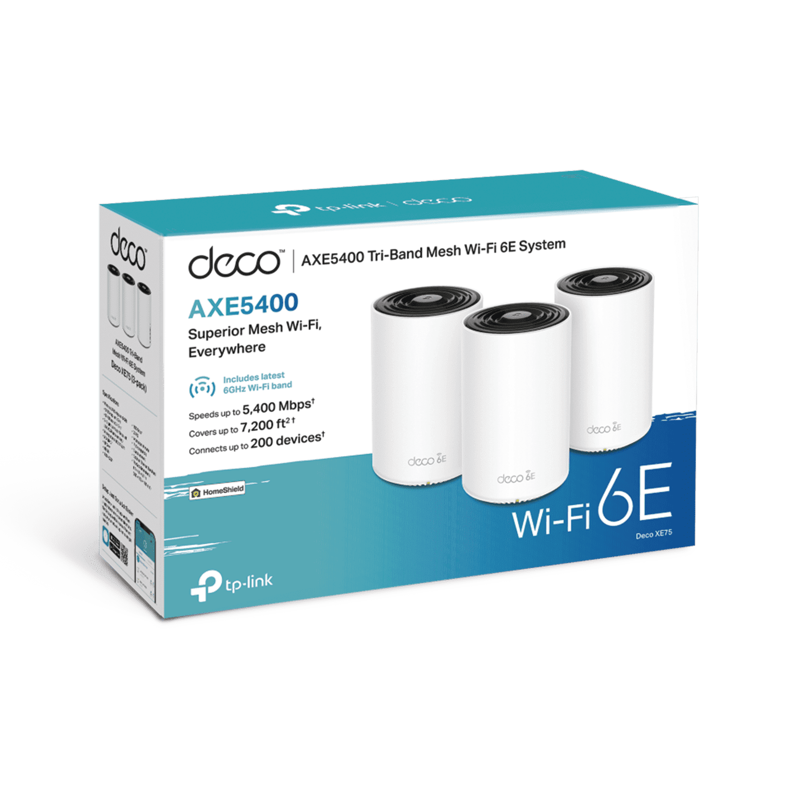 Kit 3 Routers Inalámbricos MESH Interior para Hogar / Doble Banda Wi-Fi 6E AX5400 Mbps / 3 Puerto Gigabit WAN/LAN / 4 Antenas Internas / Administración Mediante la App Deco (iOS, Android) / Protección HomeShield DECOXE75-3PACK - TP-LINK