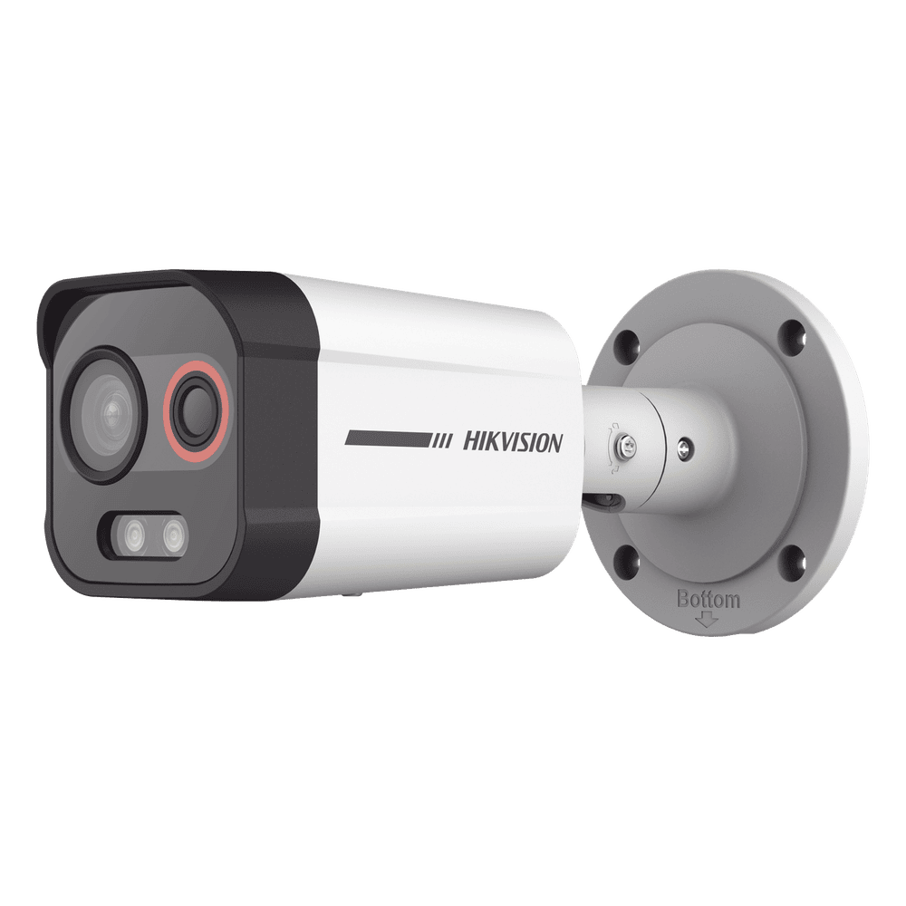 Bala IP Dual / Térmica 1.3 mm (96 x 72) / Óptico 4 mm (4 Megapixel) / Detección de Excepciones de Temperatura 30 mts /30 mts Luz Blanca / Exterior IP67 / PoE / Sirena y Luz Intermitente Integrada / Micro SD / ColorVu y ACUSENSE DS-2TD2608-1/QA/FP