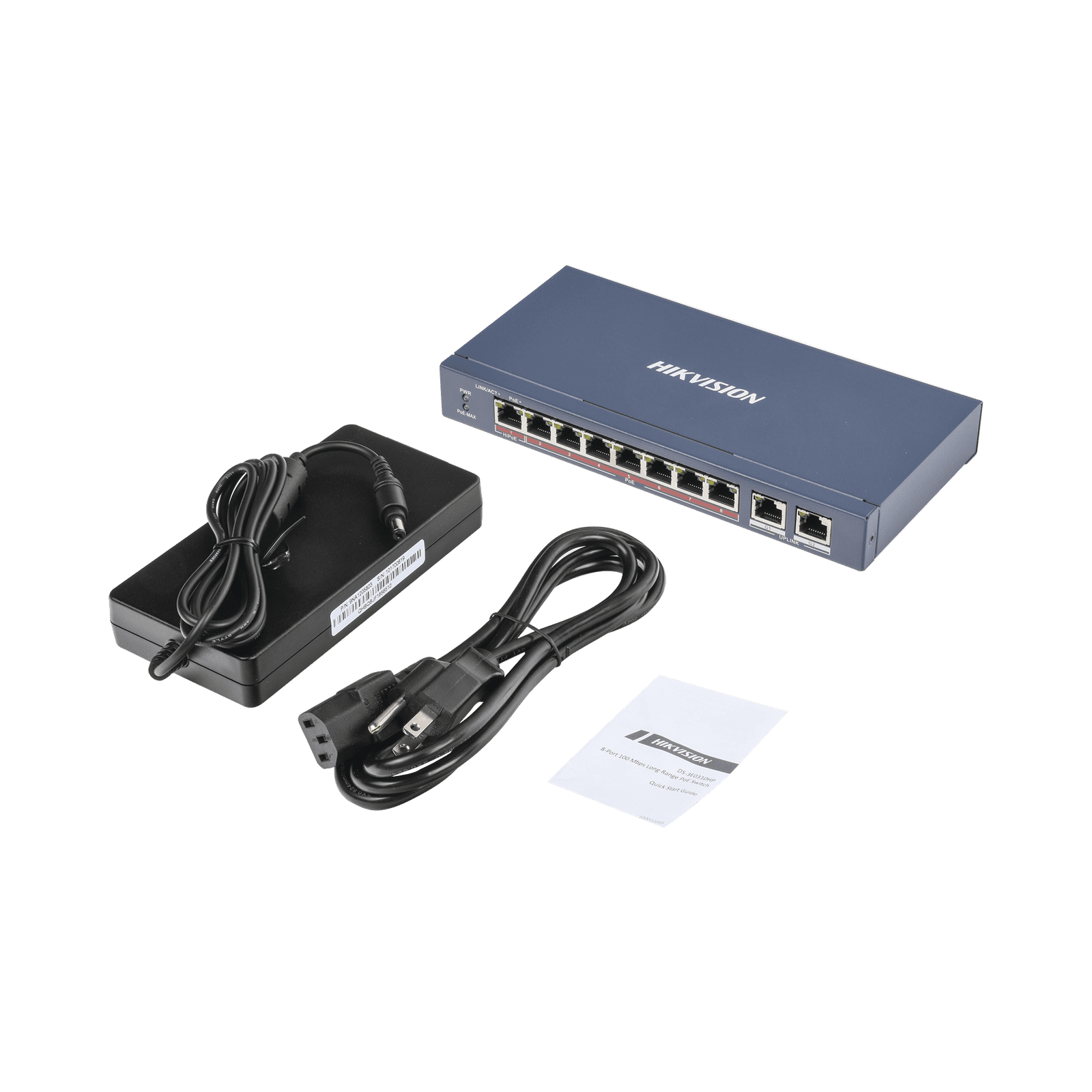 Switch PoE+ / No Administrable / 7 Puertos 100 Mbps PoE+ / 1 Puerto 100 Mbps PoE++ (60 W) / 2 Puertos 1000 Mbps Uplink / PoE hasta 250 Metros / 110 Watts DS-3E0310HP-E - HIKVISION