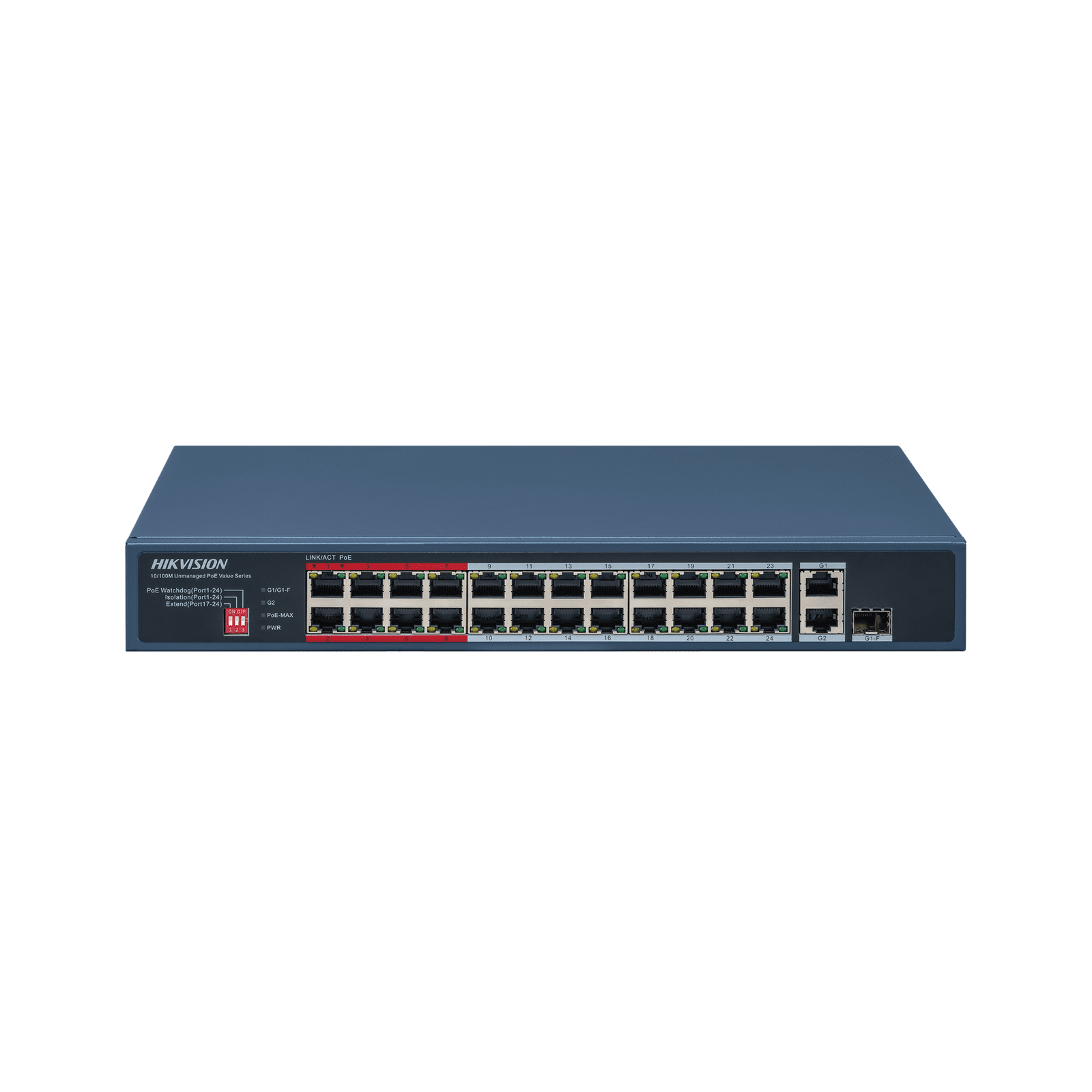 Switch PoE+ / No Administrable / 24 Puertos 10/100 Mbps PoE+ / 2 Puertos 1000 Mbps Uplink / 1 Puerto SFP Uplink / Modo Extendido hasta 300 Metros / 230 W DS-3E0326P-E/M(C) - HIKVISION