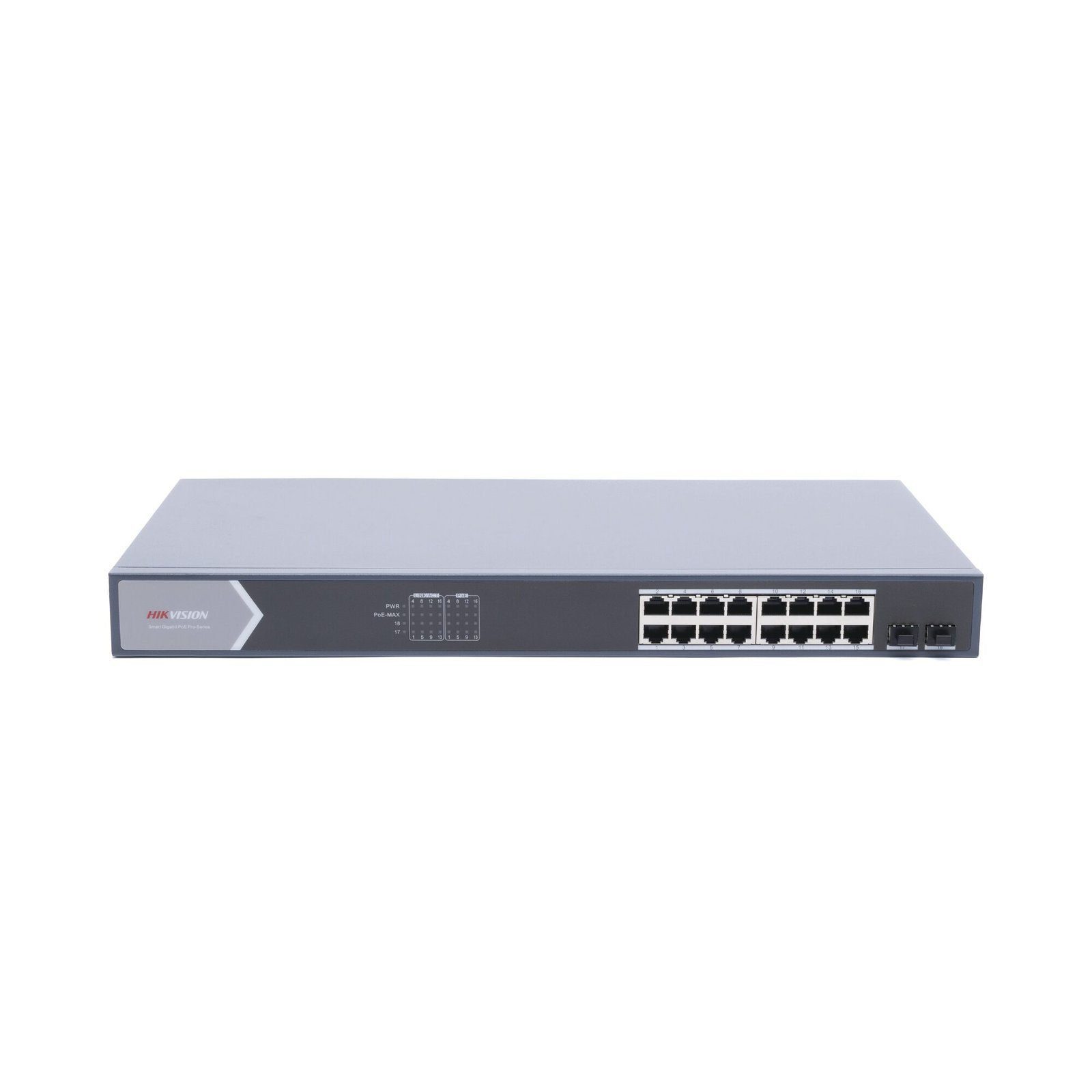 Switch Gigabit PoE+ / Administrable / 16 Puertos 1000 Mbps PoE+ / 2 Puertos SFP / Configuración Remota desde Hik-ParnerPro / PoE hasta 300 Metros / 225 Watts DS-3E1518P-SI - HIKVISION