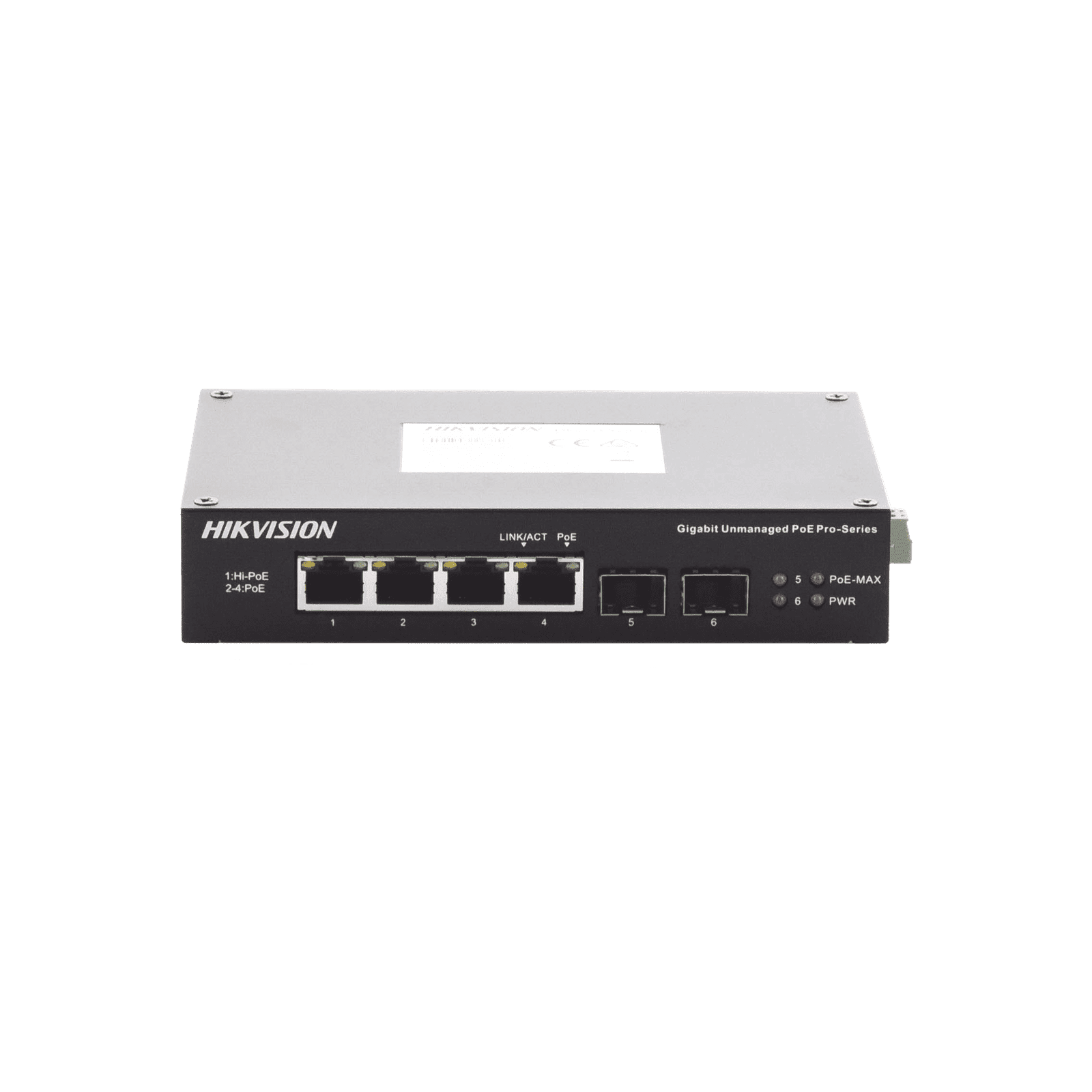 Switch Industrial No Administrable Gigabit / 3 Puertos Gigabit PoE+ (30 W) + 1 Puerto Gigabit PoE++ (60 W) / 2 Puertos SFP / 65 W Total / 48 a 57 VCD / Ideal para Proyectos / 300 Metros de Distancia DS-3T0506HP-E/HS - HIKVISION