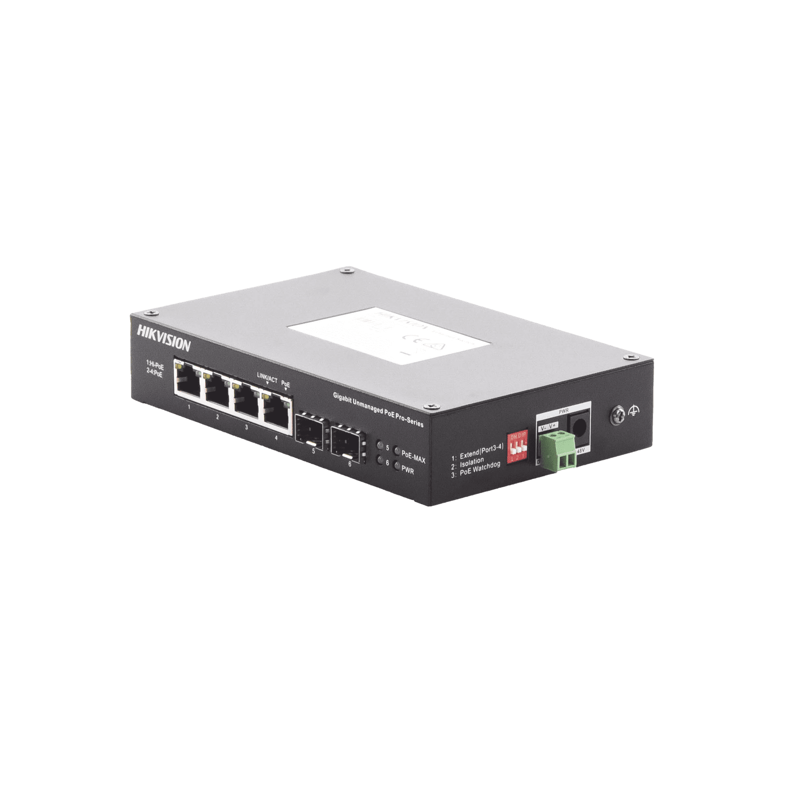 Switch Industrial No Administrable Gigabit / 3 Puertos Gigabit PoE+ (30 W) + 1 Puerto Gigabit PoE++ (60 W) / 2 Puertos SFP / 65 W Total / 48 a 57 VCD / Ideal para Proyectos / 300 Metros de Distancia DS-3T0506HP-E/HS - HIKVISION