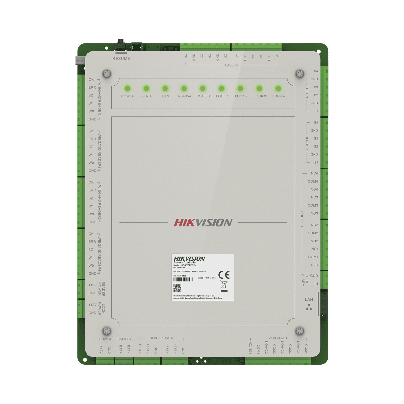 Controlador de Acceso 4 Puertas Administrable en la Nube con Hik-Connect Teams / Interfaz Web / 8 Lectores de Huella o Tarjeta / 100,000 Tarjetas / 10,000 Huellas / Incluye Gabinete y Fuente de Alimentación 12Vcd 8 A / Soporta Batería de Res DS-K2624X - HIKVISION