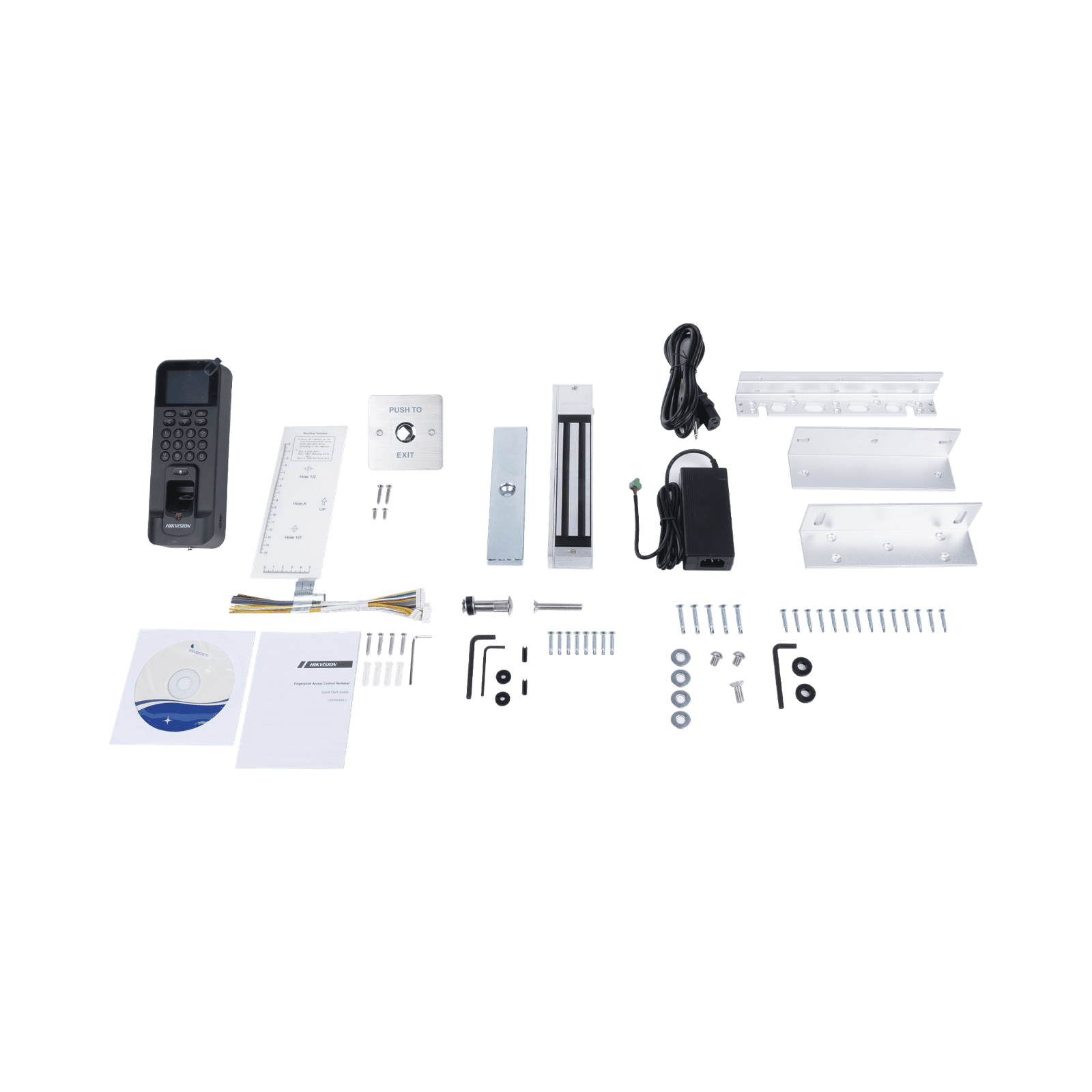 Kit de Control de Acceso TODO INCLUIDO con Lector de Huellas y Tarjetas / 3,000 Huellas / Compatible con App Hik-Connect / Incluye Electroimán Botón de Salida y Montajes Z y L para imán (DS-K1T804) DS-KAS261 - HIKVISION