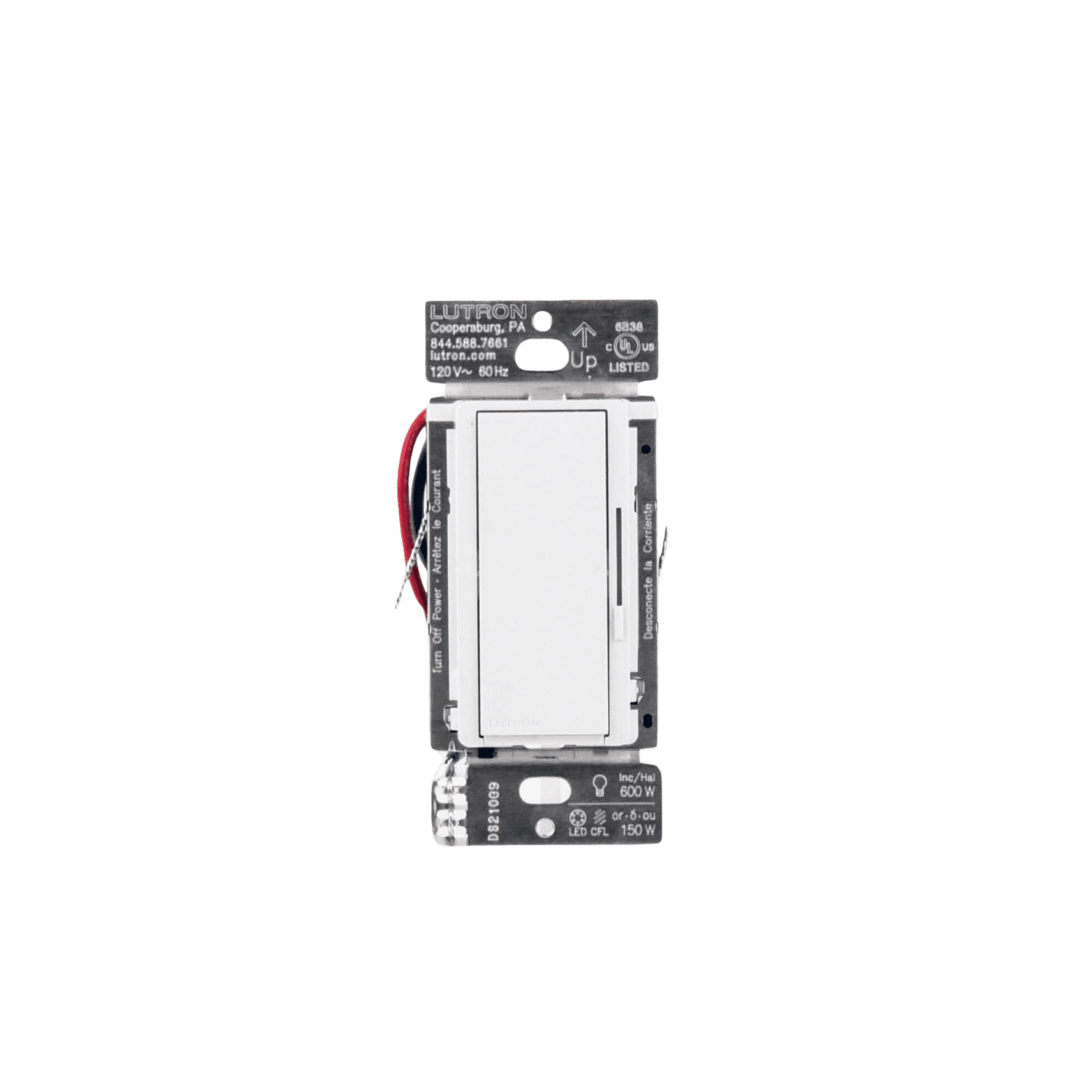 (Caseta Wireless) DIVA Atenuador de pared. Aumenta/Disminuye Intensidad de Iluminación. No requiere cable neutro. 150W LED / 600W INC/HAL DVRF6LWH - LUTRON CASETA WIRELESS