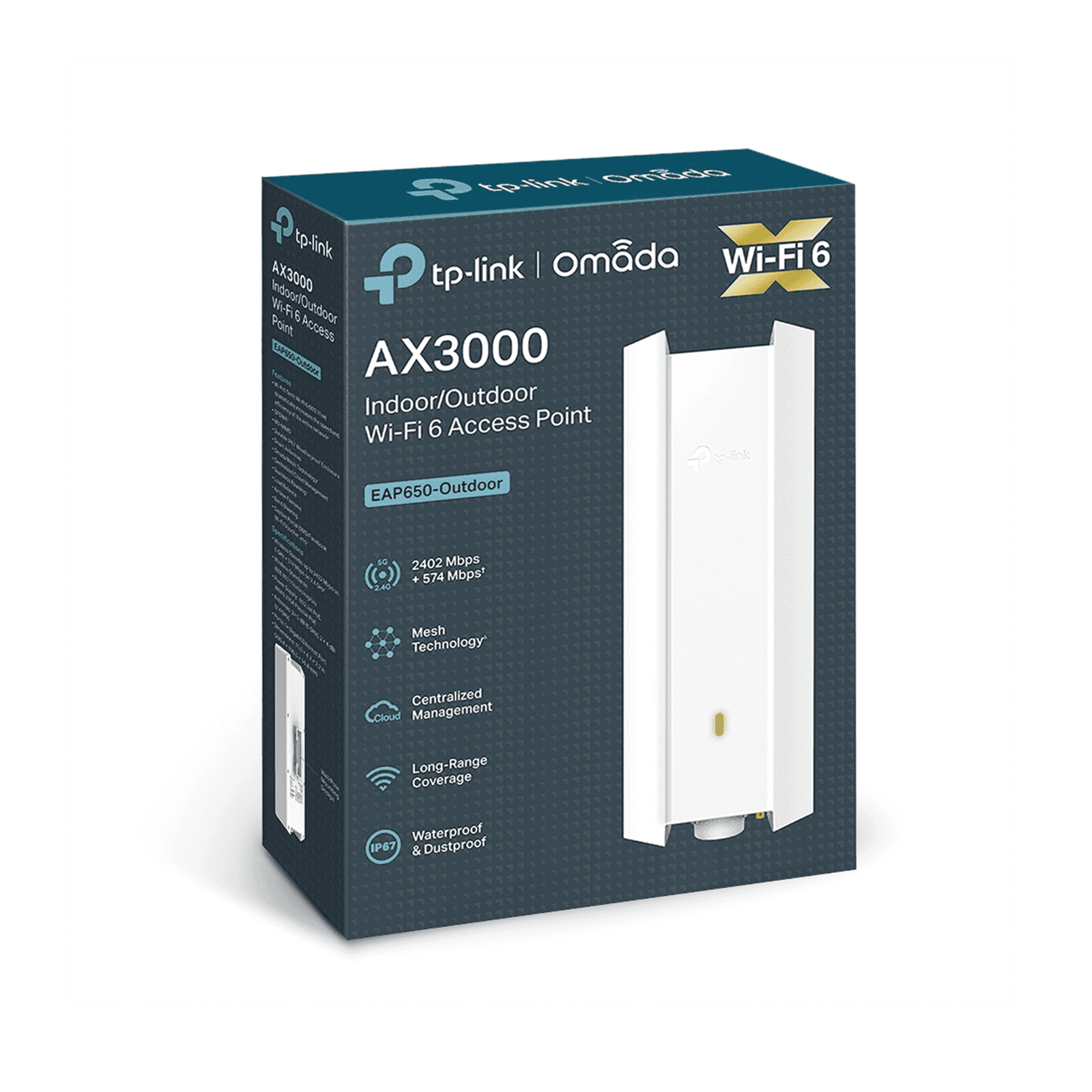 Punto de Acceso Omada Exterior-Interior / Wi-Fi 6 AX3000 MU-MIMO 2×2 / Mesh Omada / Alta Densidad de Usuarios / Configuración por Controlador o Stand-Alone / Para Montaje en Mástil/ Pared / Alimentación PoE+ EAP650-OUTDOOR - TP-LINK