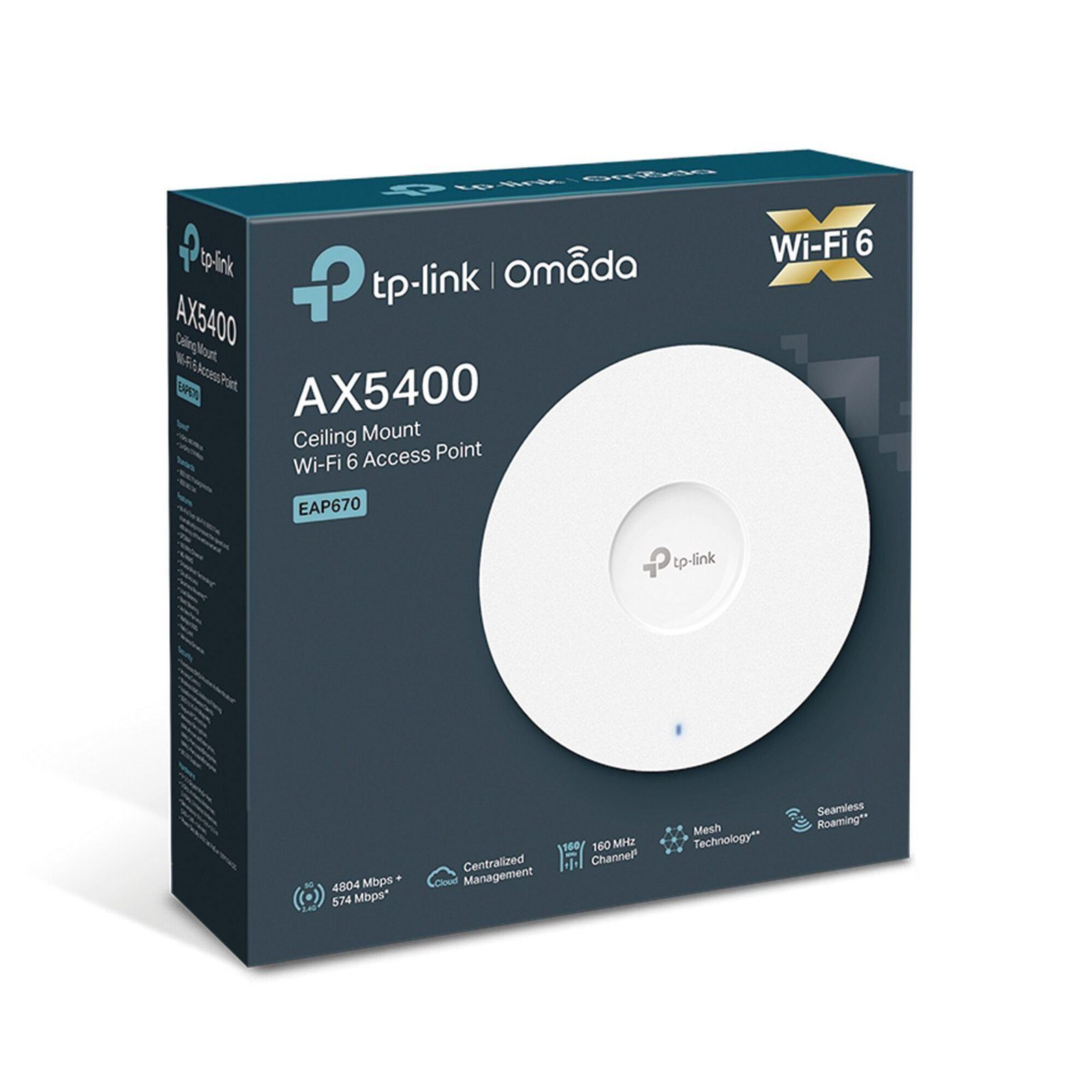 Punto de Acceso Omada / Wi-Fi 6 AX5400 MU-MIMO 4×4 /  Mesh Omada / Alta Densidad de Usuarios / Configuración por Controlador o Stand-Alone / Para Montaje en Techo/pared / Alimentación PoE+ EAP670 - TP-LINK