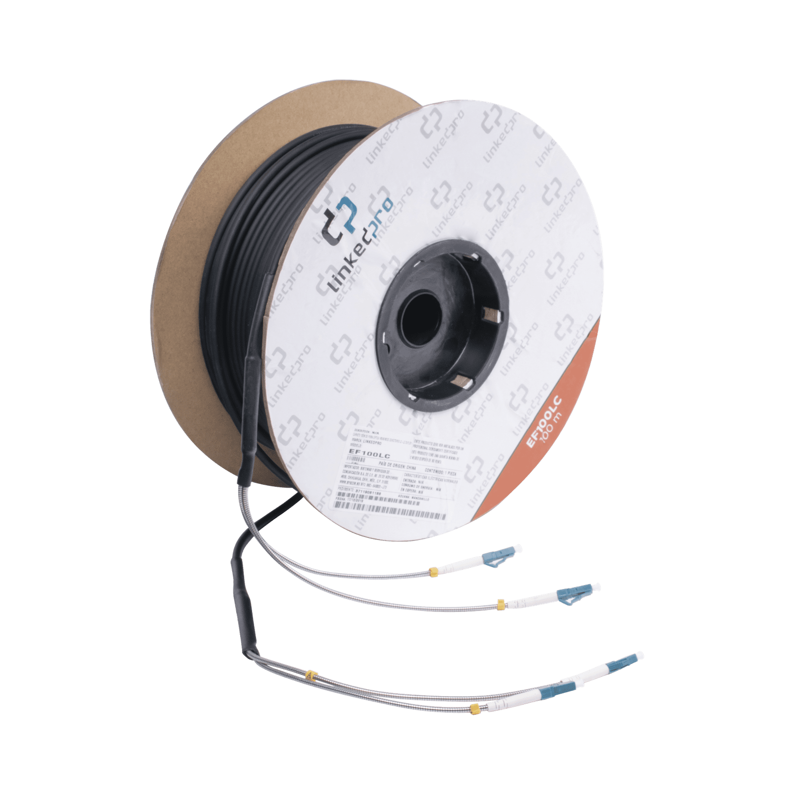 Carrete de Fibra Óptica Monomodo con Conectores LC-LC Duplex, Reforzada con Kevlar, de 100 metros, Para instalaciones subterráneas por tubería EF-100-LC - LINKEDPRO BY EPCOM