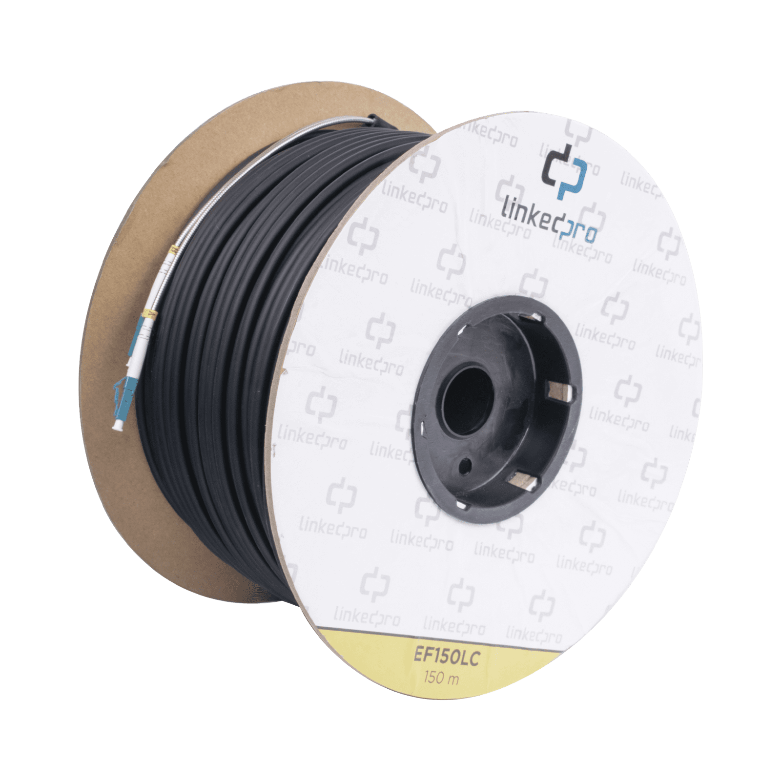 Carrete de Fibra Óptica Monomodo con conectores LC-LC Duplex, Reforzada con Kevlar, de 150 metros, Para instalaciones subterráneas por tubería EF-150-LC - LINKEDPRO BY EPCOM