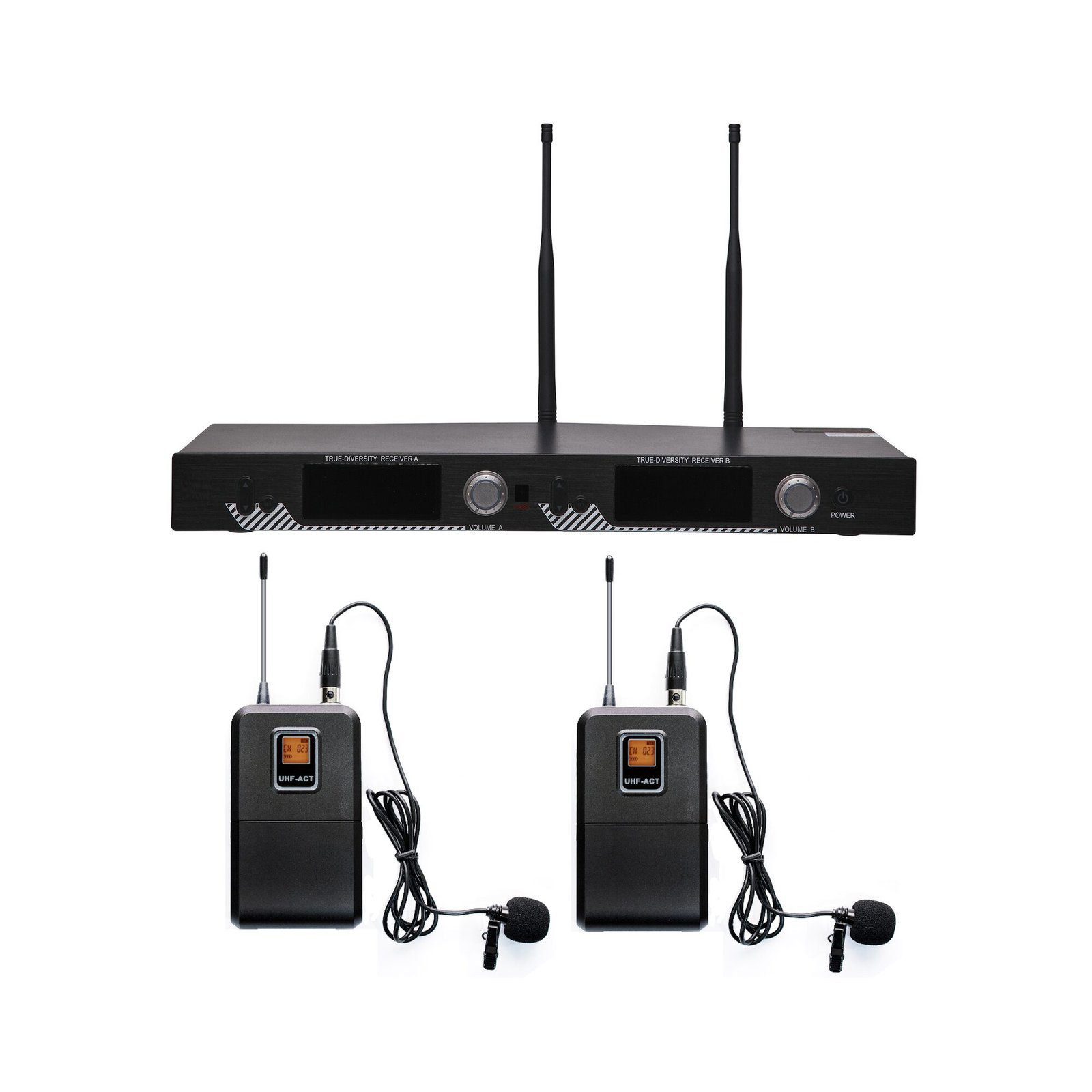 Kit de Microfonía inalámbrico | 2 Micrófonos de Lavalier | Receptor UHF | Pantalla LCD | 200 Canales | Gran cobertura EP521UL - EPCOM PROAUDIO