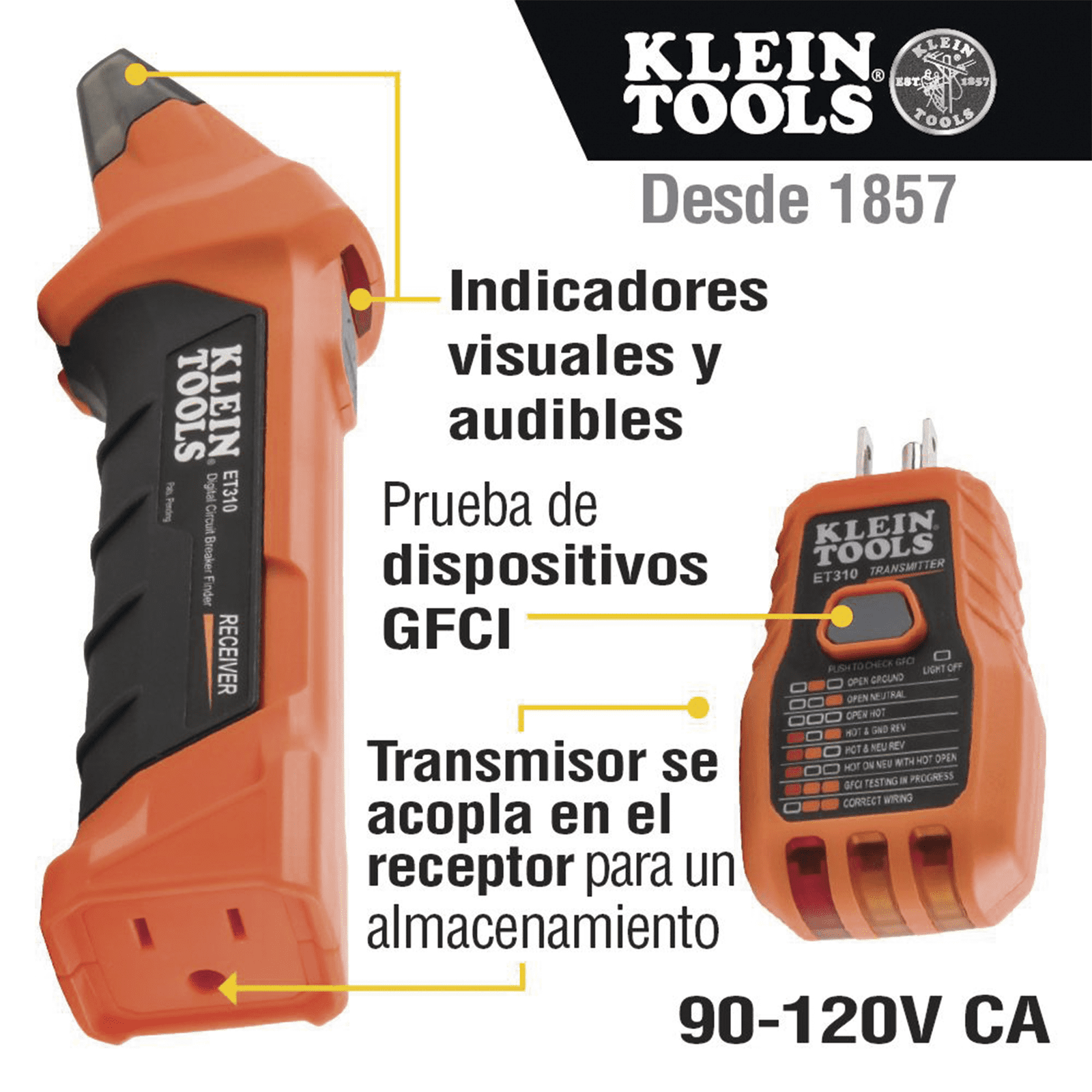 Detector Digital de Cortacircuitos de 120 Vca con Probador de Tomacorrientes GFCI. ET-310 - KLEIN TOOLS